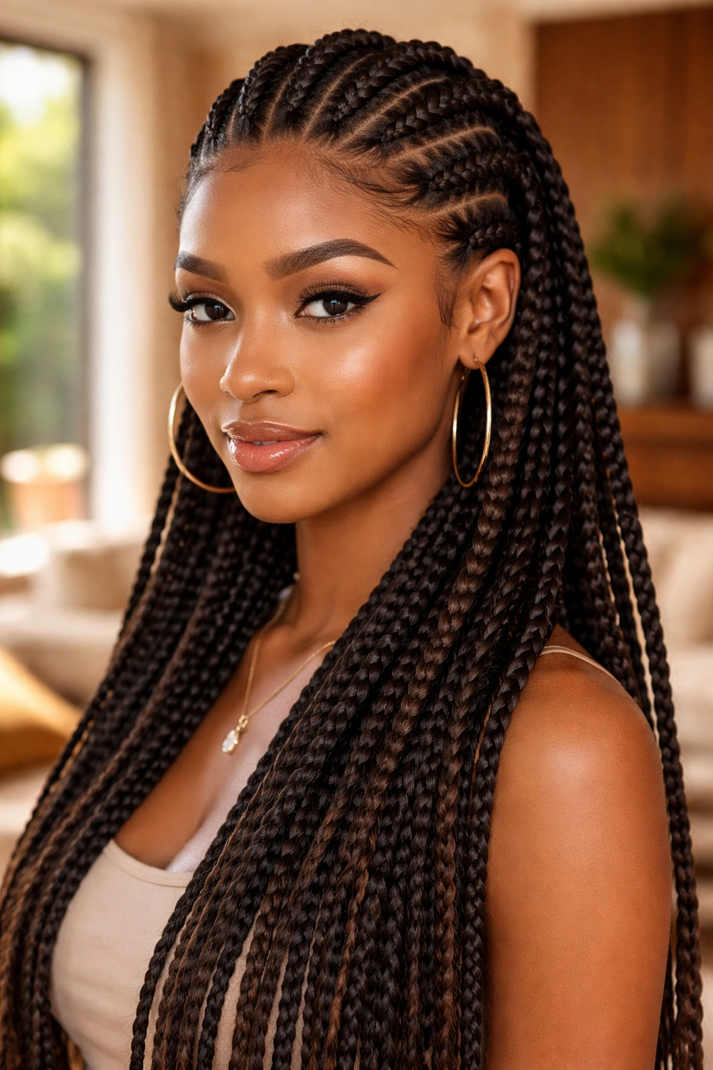 Close-up of real woman with cornrow crown and loose box braids cascade