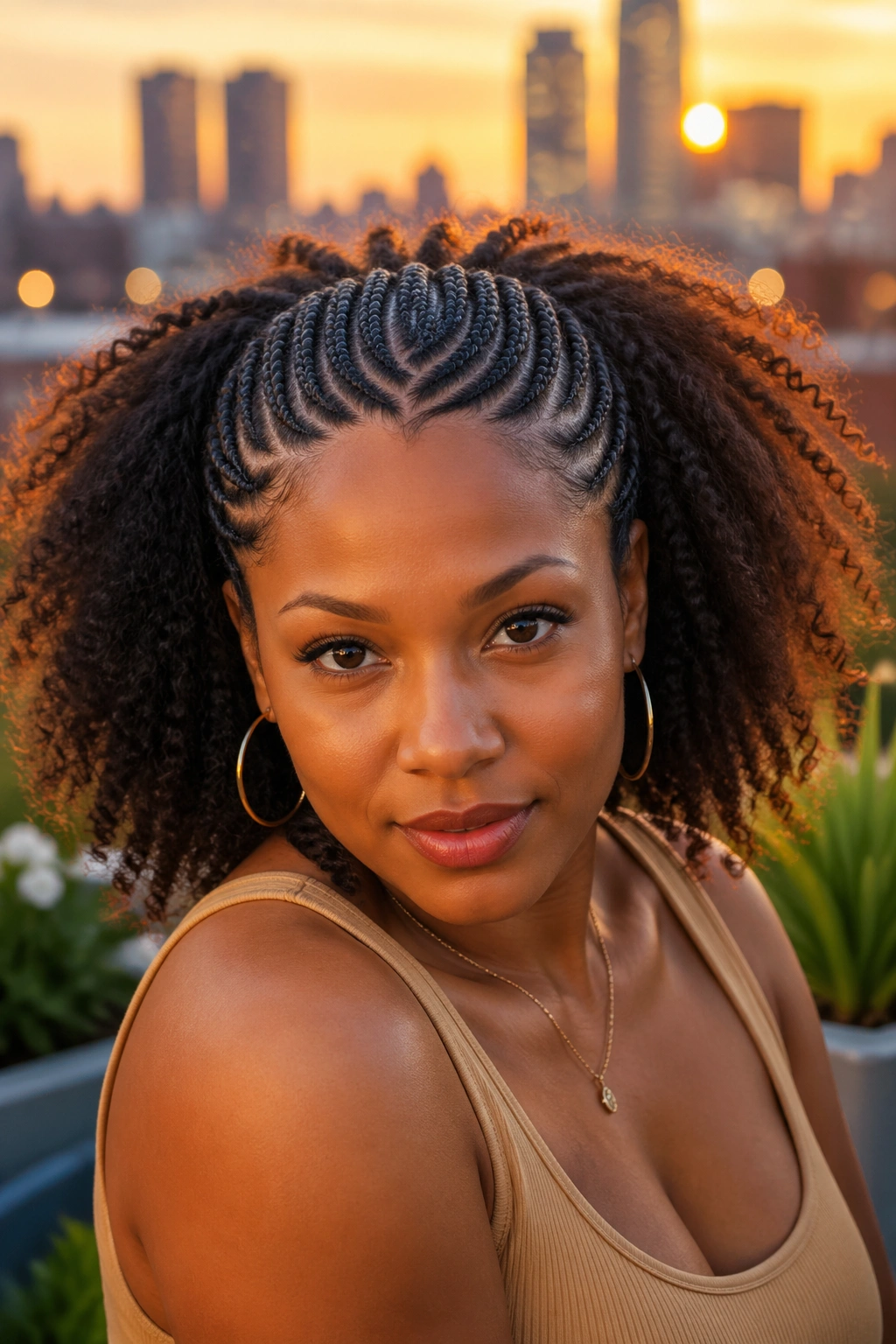 Close-up of a Black woman with a crown of cornrows and surrounding loose hair on a rooftop
