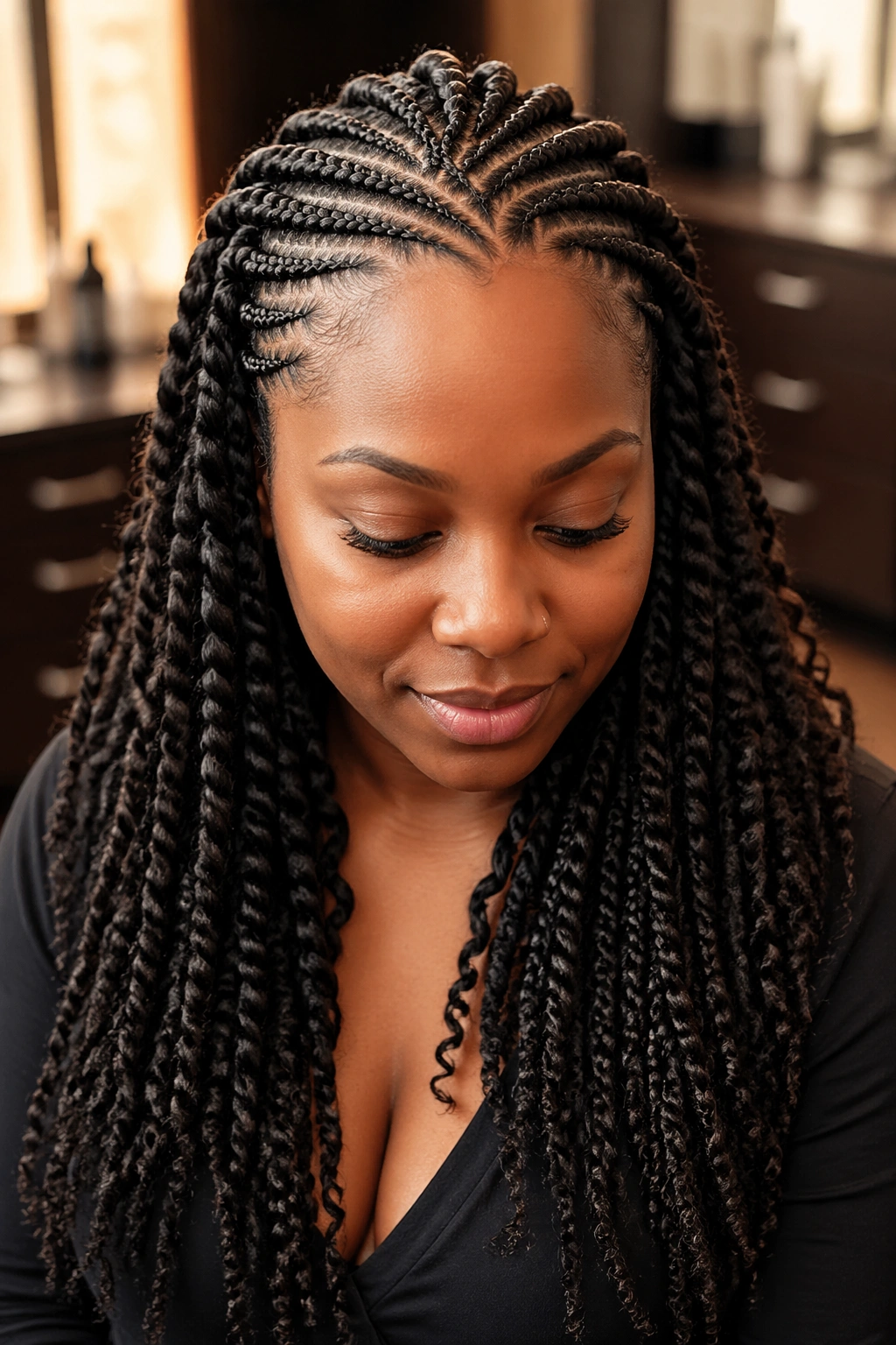 Close-up of a real woman with a cornrow crown and mixed twist textures