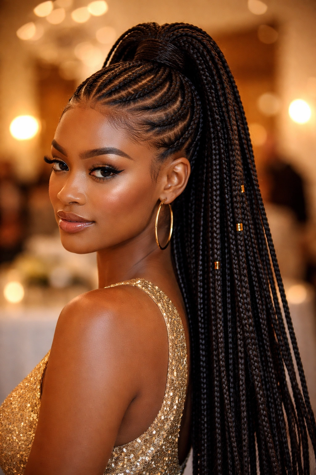 Real person with cornrow crown and high pony of box braids for a celebratory look.