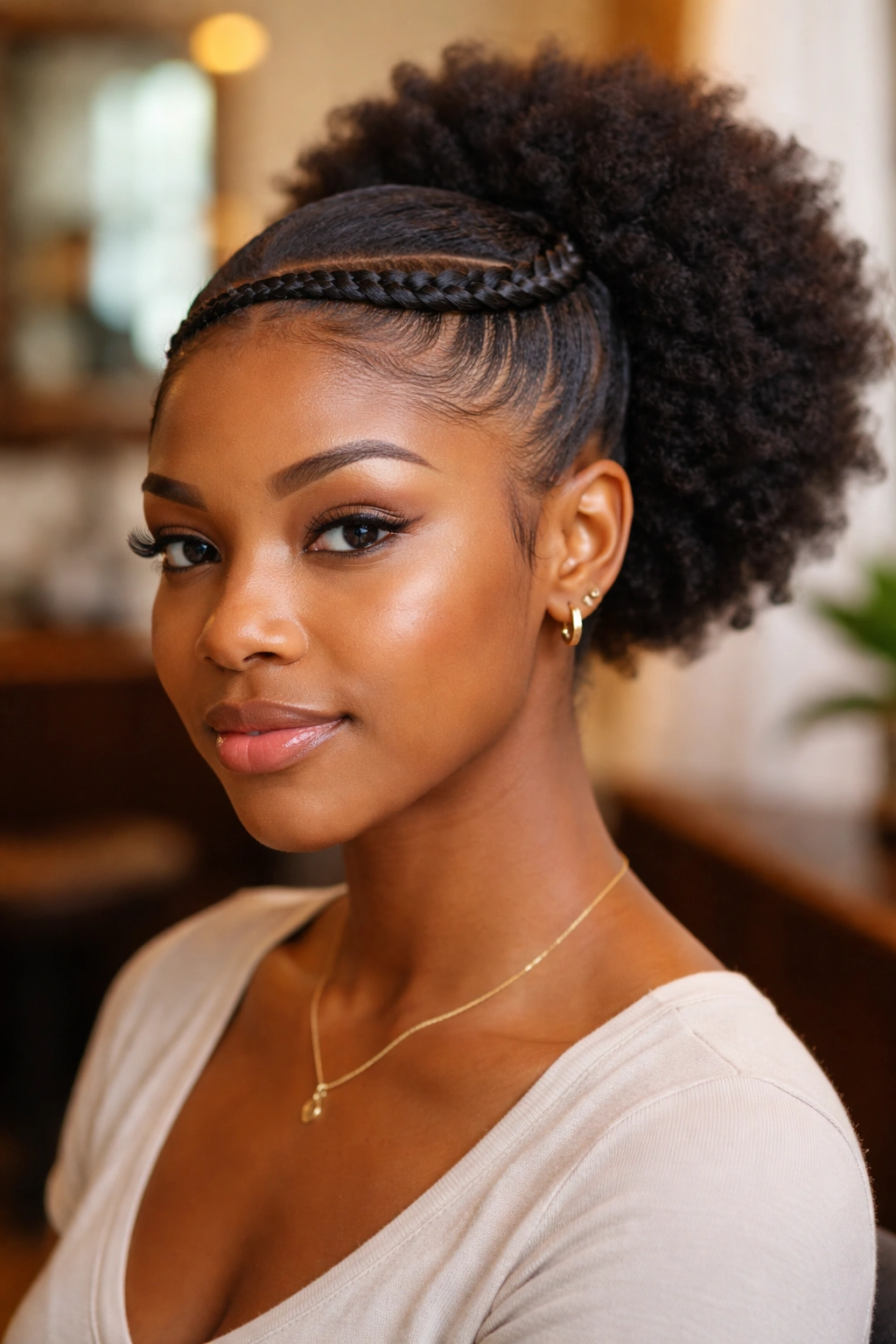 Front view of a circular cornrow crown with a large puff on the back