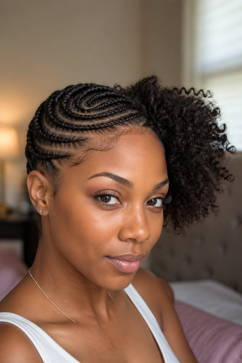 Close-up of a real woman wearing a cornrow crown with a side puff under natural window light