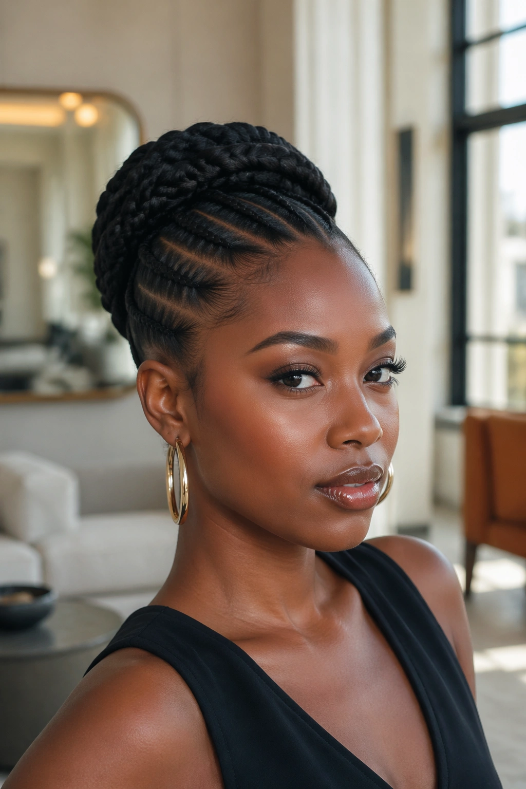 Close-up portrait of a real person with a cornrow crown updo