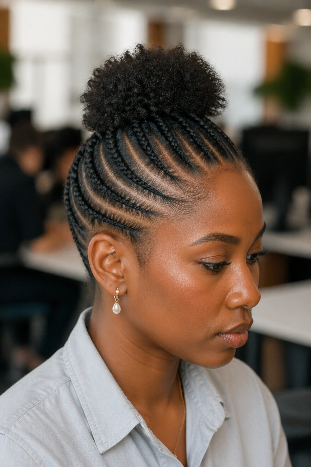 Close-up of a real woman with cornrows leading to a crown puff
