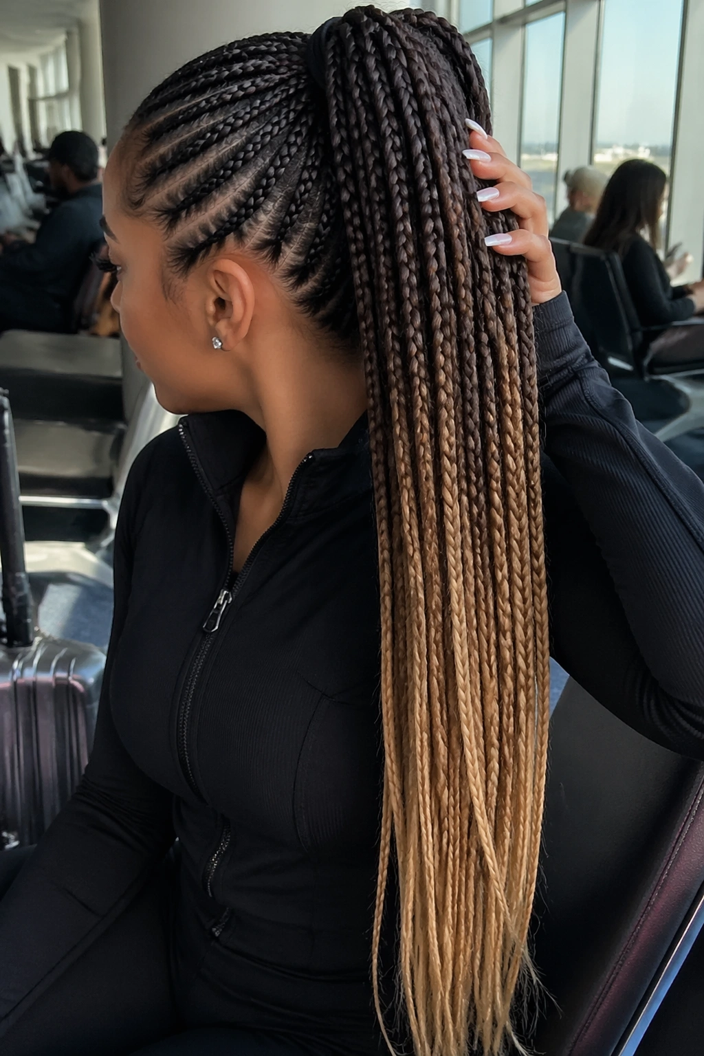 Cornrow feed-in ponytail with ombre lengths