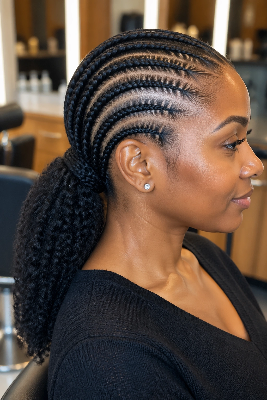 Close-up of a real woman with cornrows feeding into a low ponytail at the nape