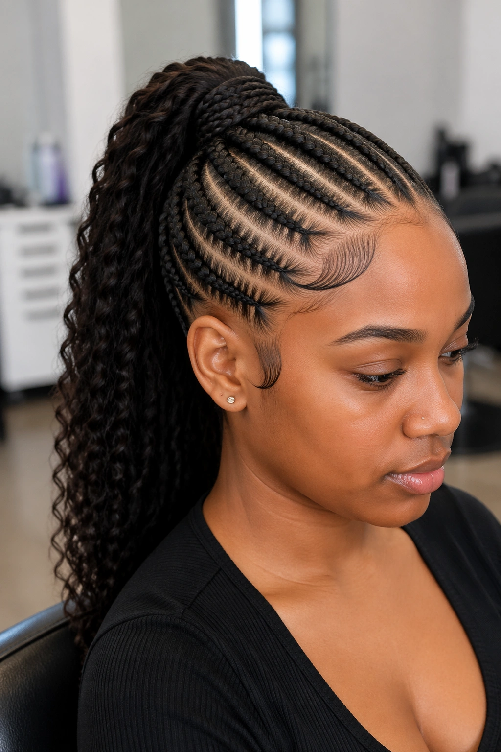 Close-up of cornrow feed-in ponytail on a real person with neat scalp and neat edges
