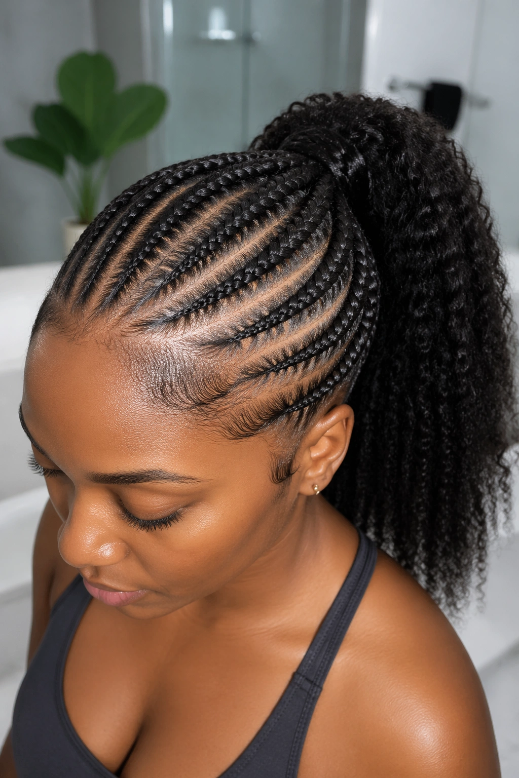Close-up of a real woman with cornrows feeding into a ponytail