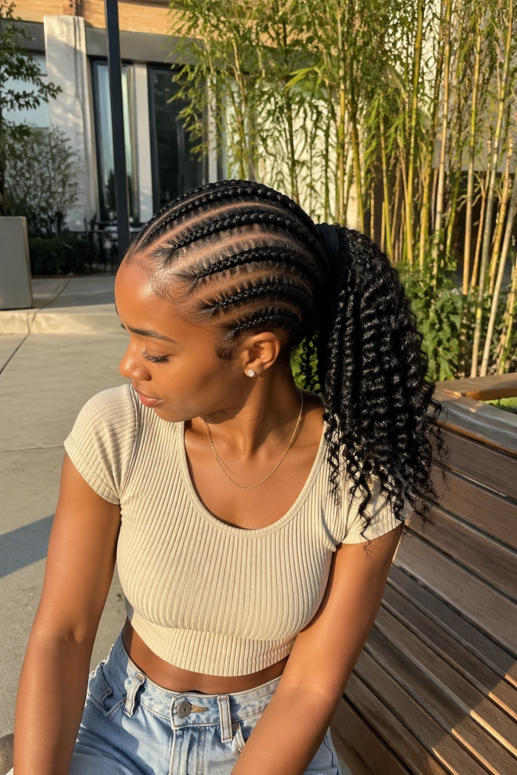 Wide shot of cornrow feed-in mid ponytail in sunny courtyard.