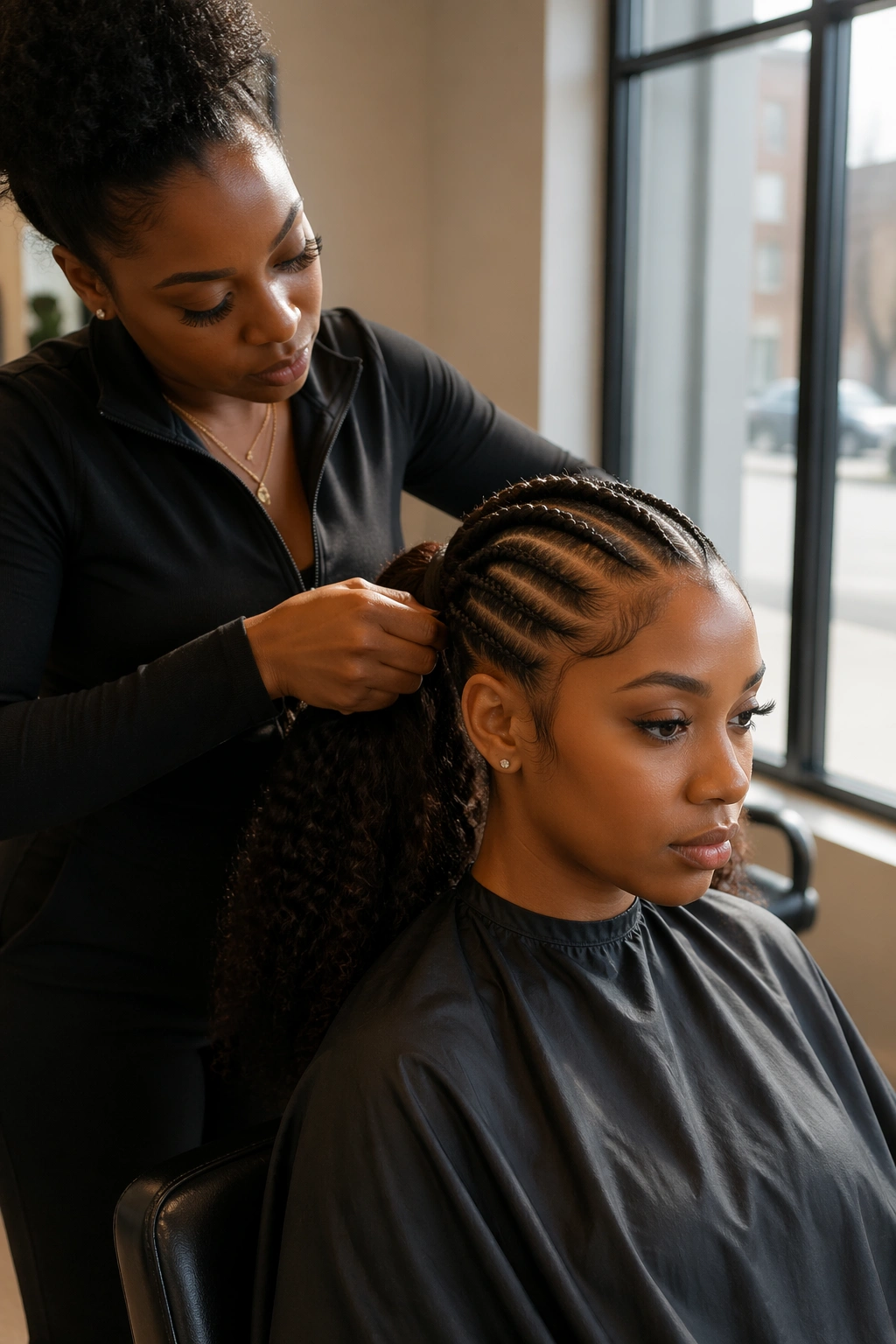 Sleek mid weave ponytail with cornrow feed-ins in salon