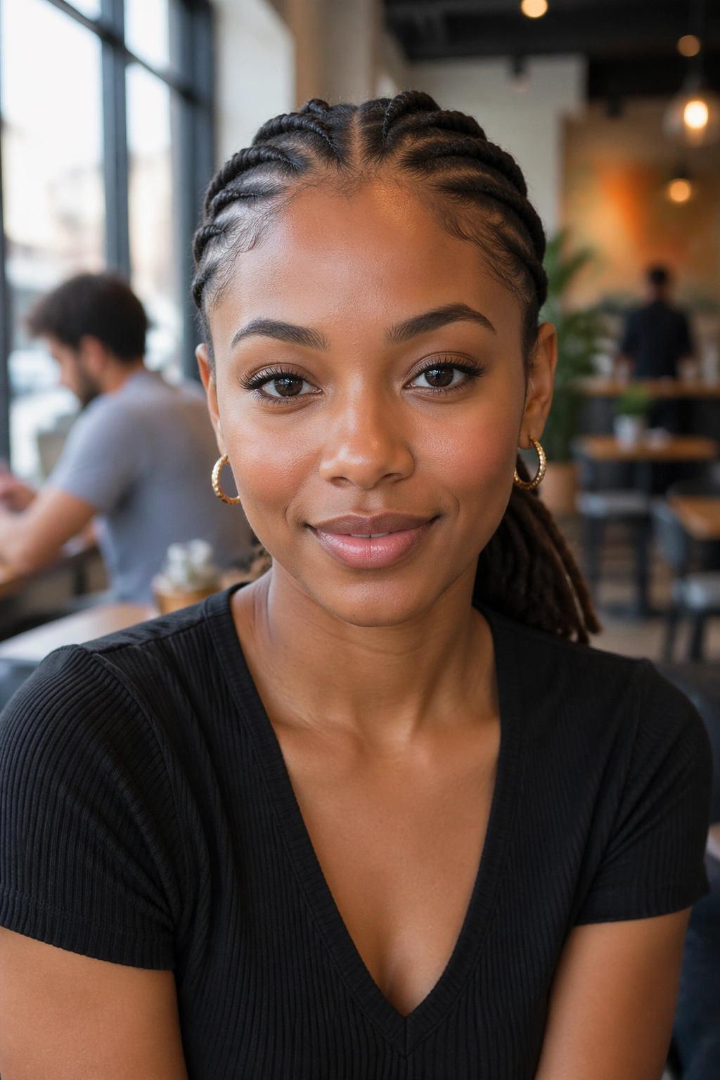 Front portrait of a real person with cornrow-feed low ponytail.