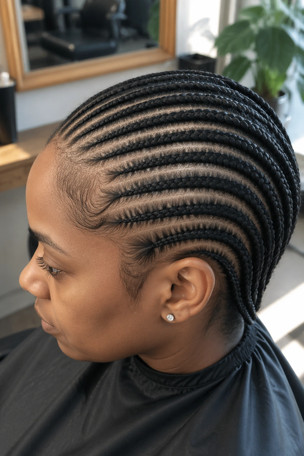 Close-up of scalp with neat cornrows in a salon setting