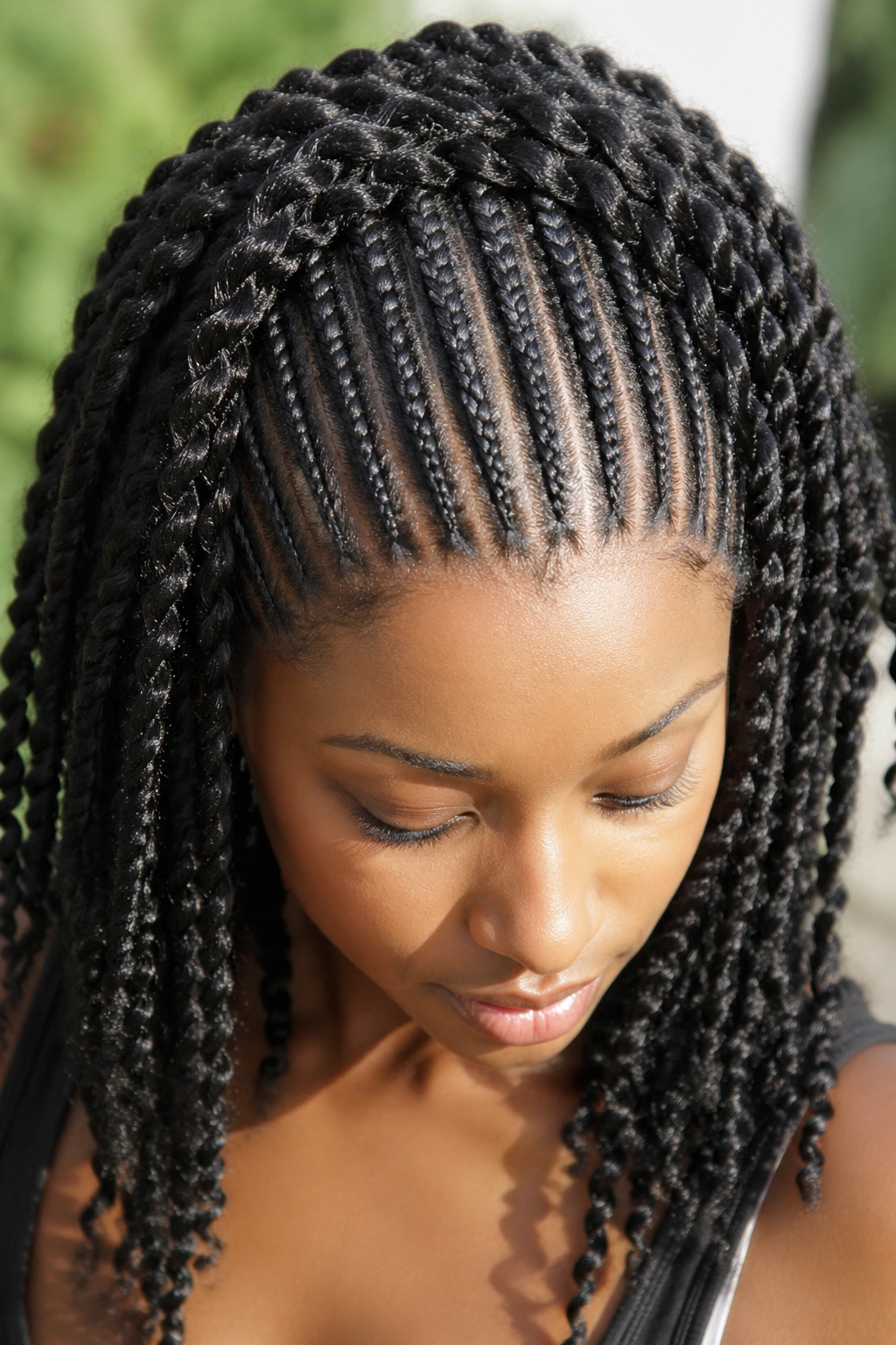 Close-up portrait with cornrow fringe and twist crown.