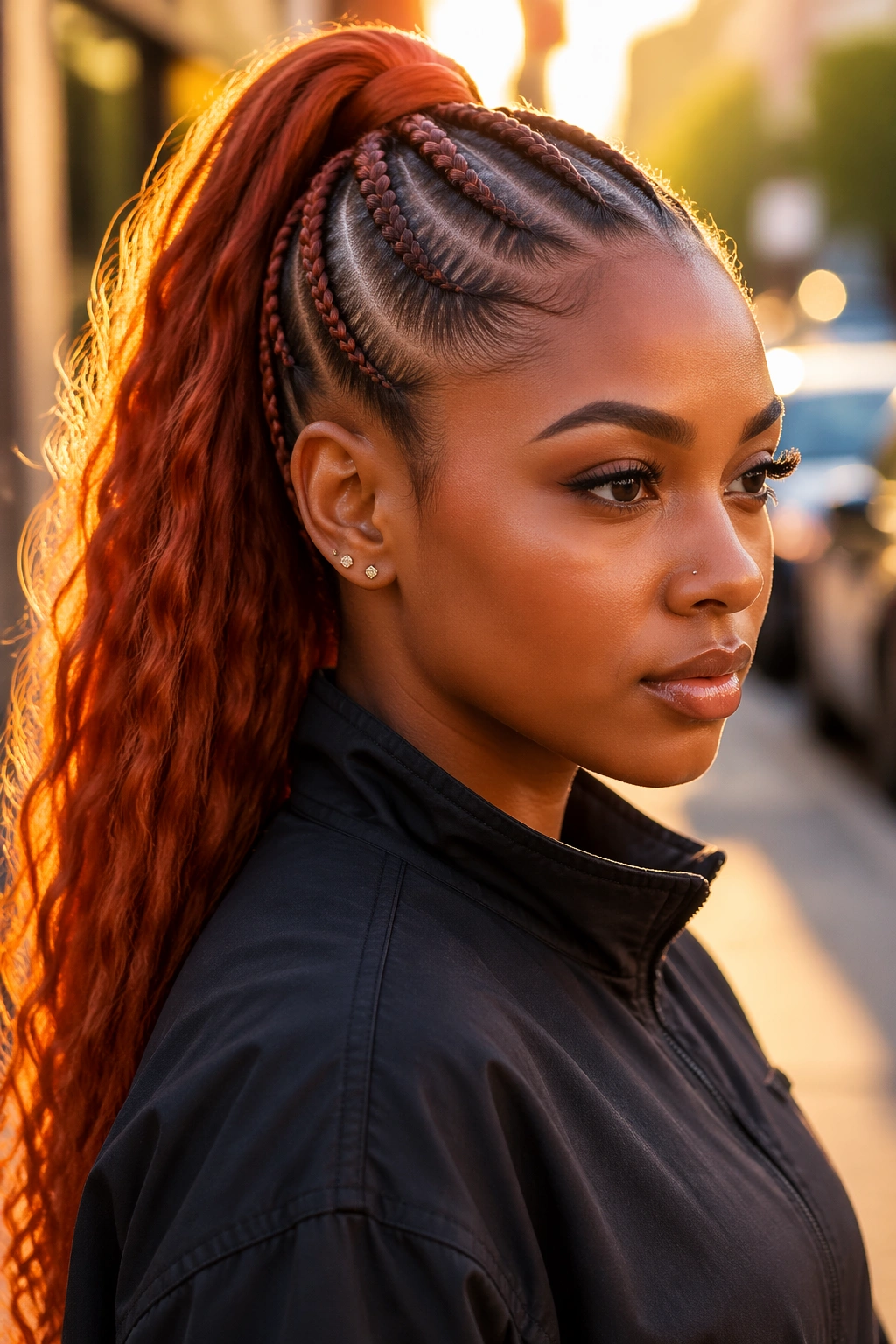 Close-up of a real Black woman with cornrow-front leading to a copper ponytail in golden hour light