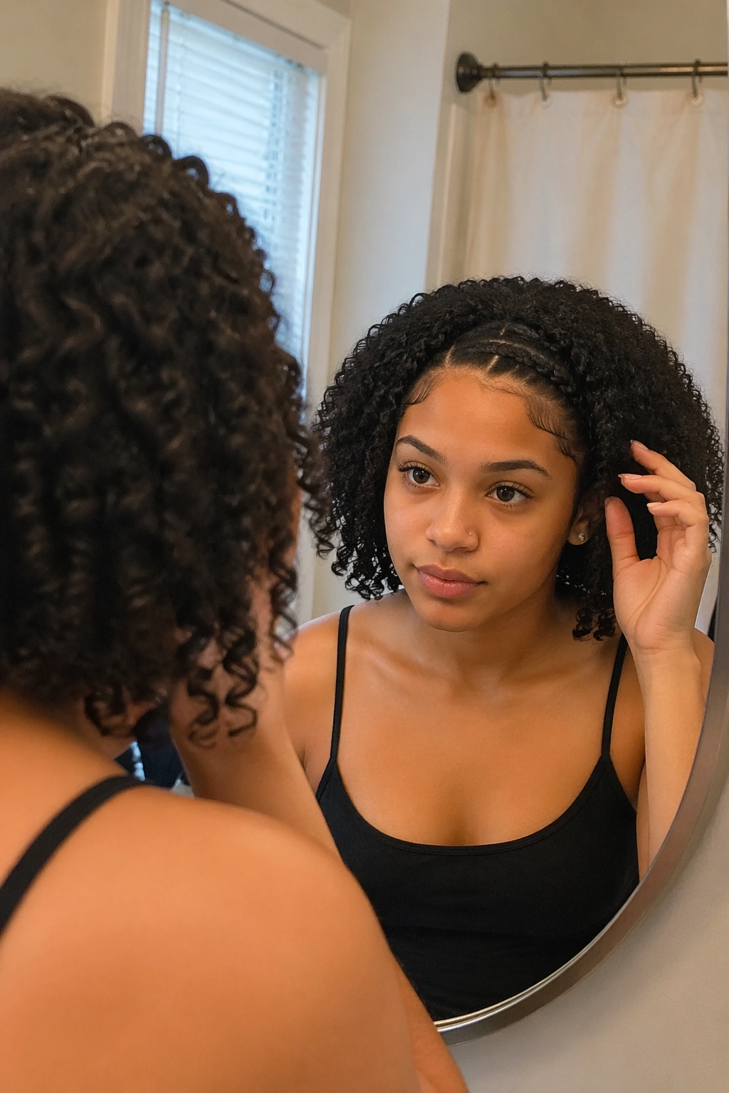 Tiny cornrow accent row among curly hair