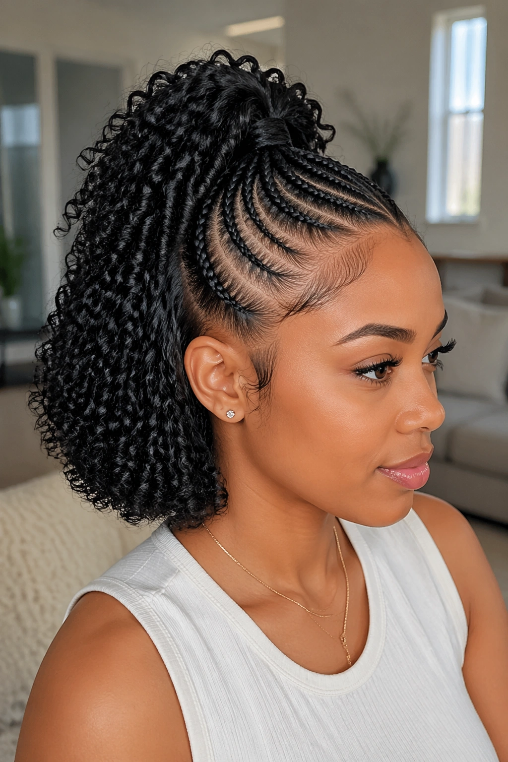 Close-up of a real woman with cornrows front into a half ponytail hairstyle