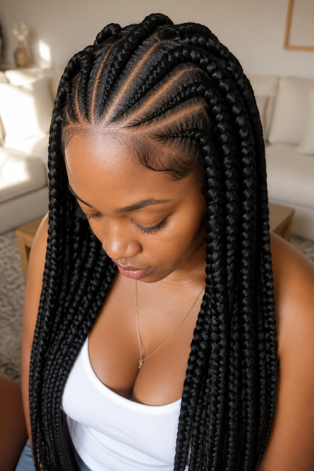 Close-up of jumbo box braids with cornrow-inspired front sections framing the face on a real person