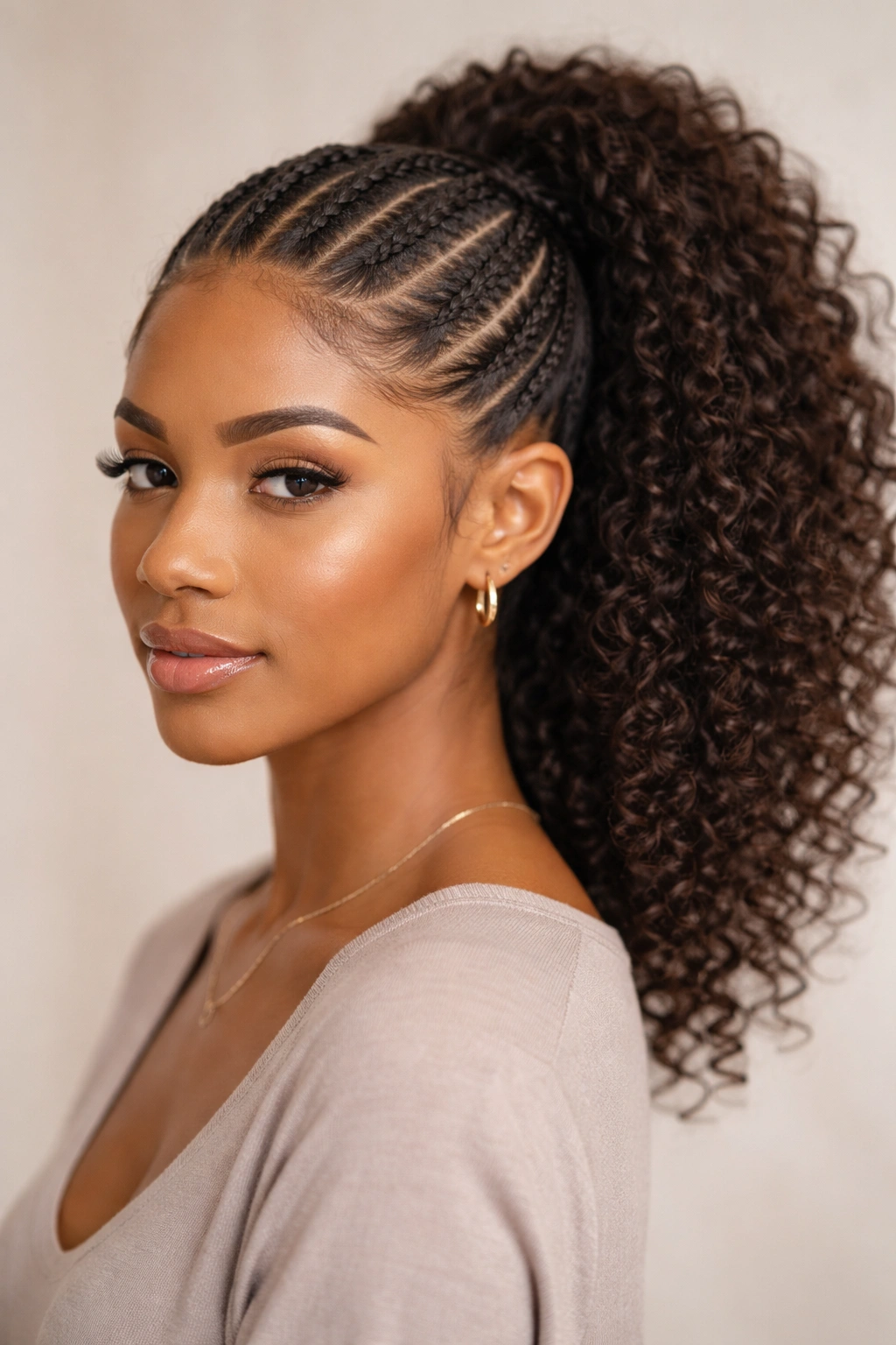 Cornrow-front ponytail on 3B hair with loose back