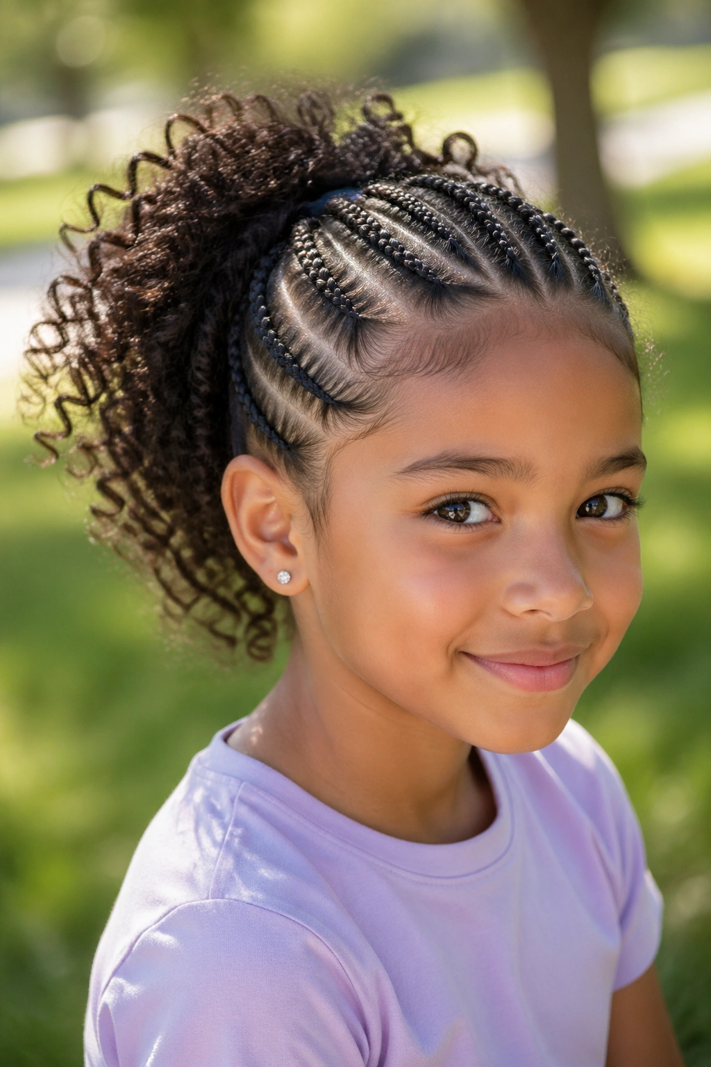 Close-up of a child with cornrows at the front and a back ponytail.