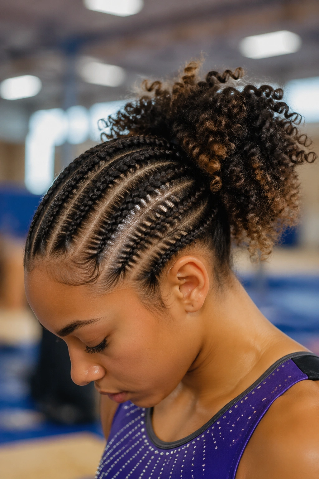 Close-up of cornrow fronts with curly puff back