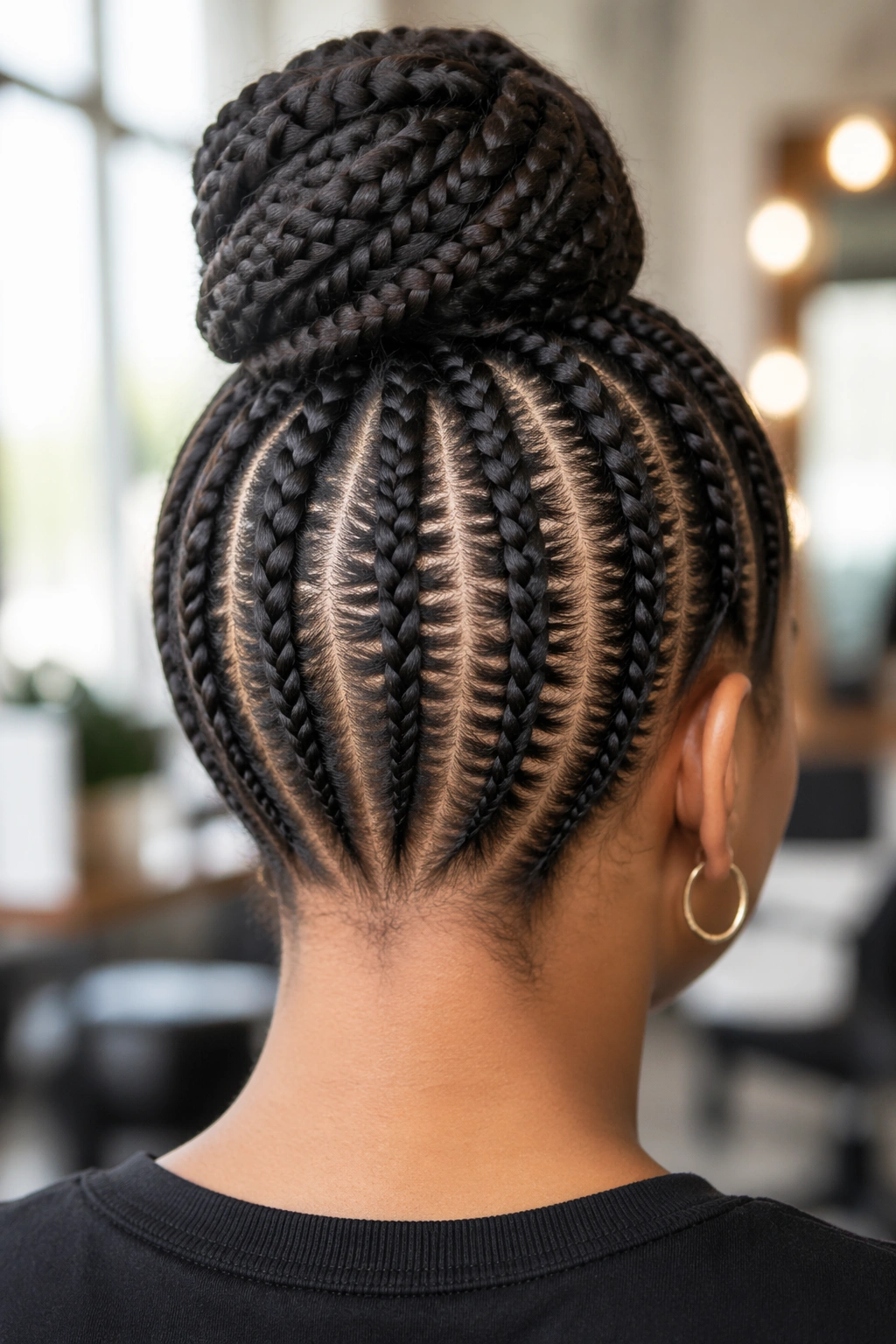 Back view of real person showing cornrow base techniques for updo building blocks