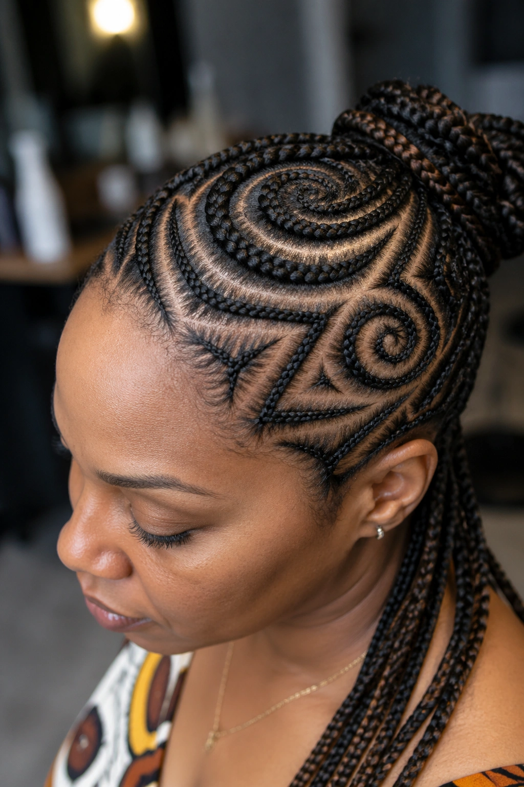 Close-up of a real woman with geometric cornrow patterns on the scalp in a salon