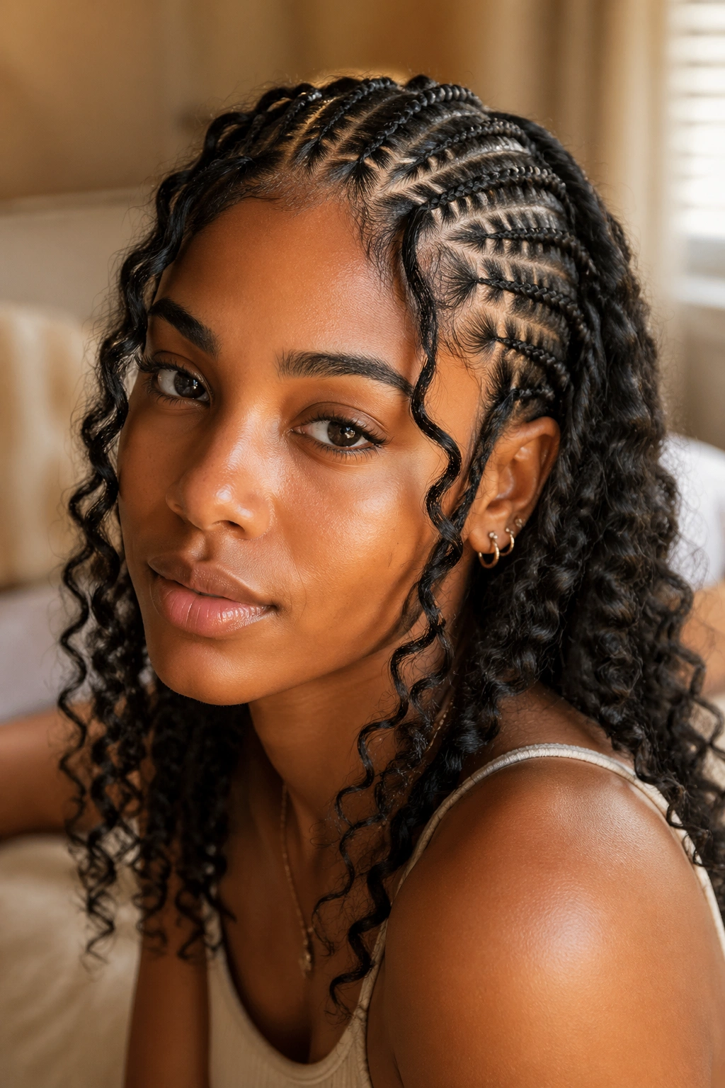 Close-up of a real woman wearing cornrow goddess braids with loose pieces in a cozy room