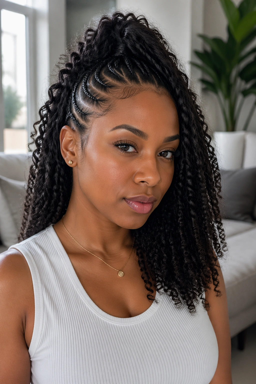 Portrait of a woman with cornrows on one side and a high ponytail on the curl side.