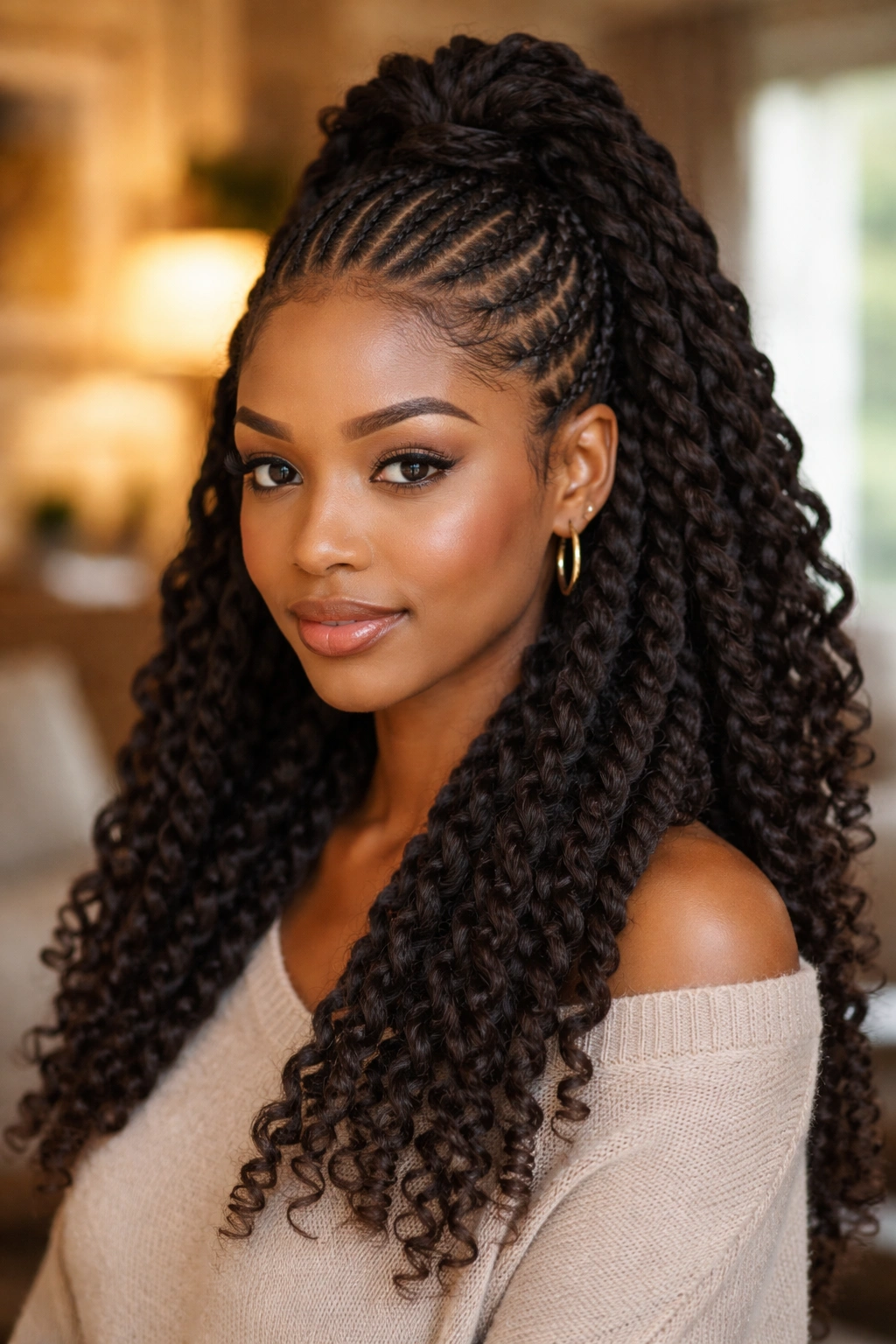 Close-up of cornrow half-up with twisted loose mass on a real woman