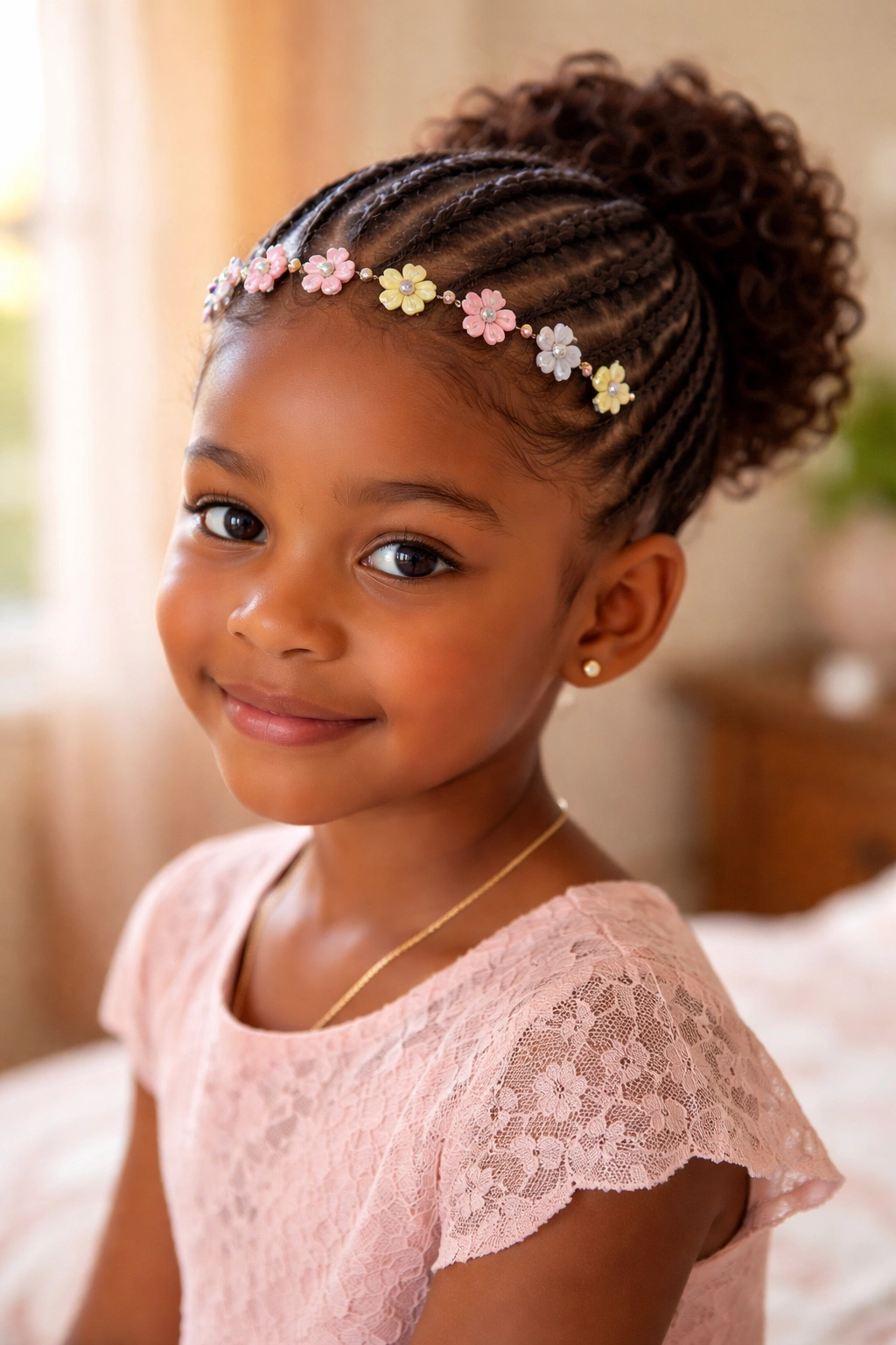 Close-up of a girl with halo cornrow crown and bun