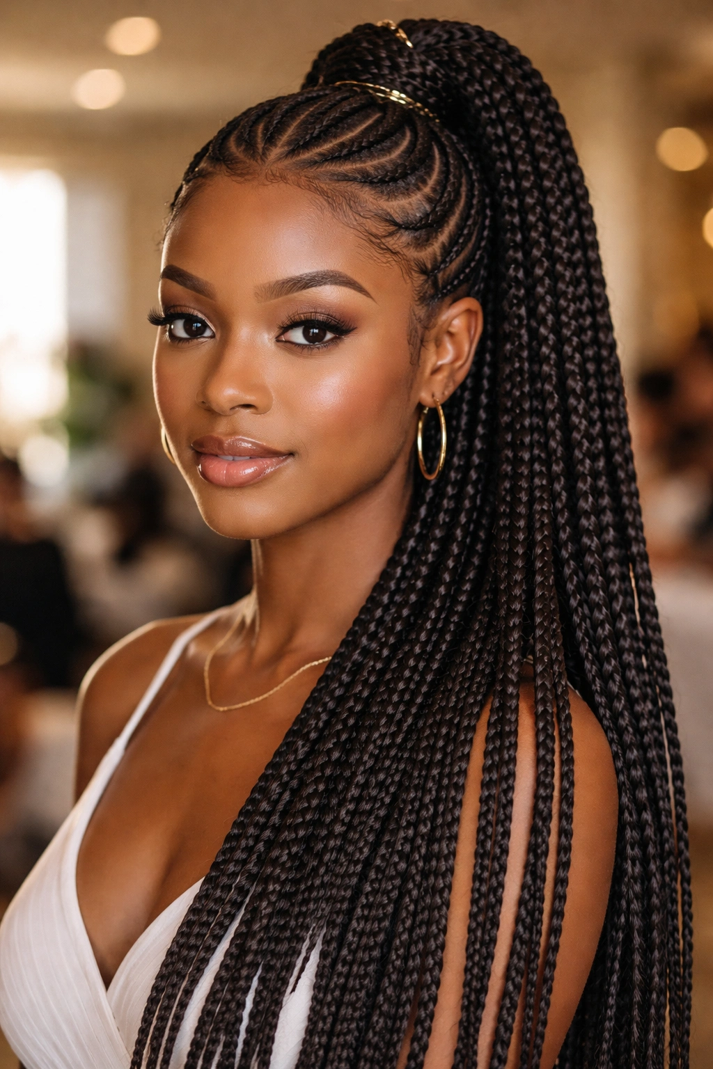 Halo cornrows framing face with cascading box braid ponytail on a real person.