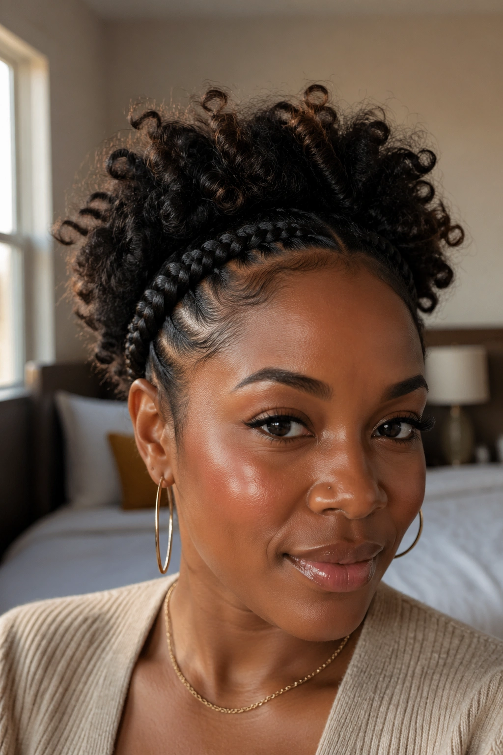Close-up portrait of a real person with a cornrow halo and loose curls on top