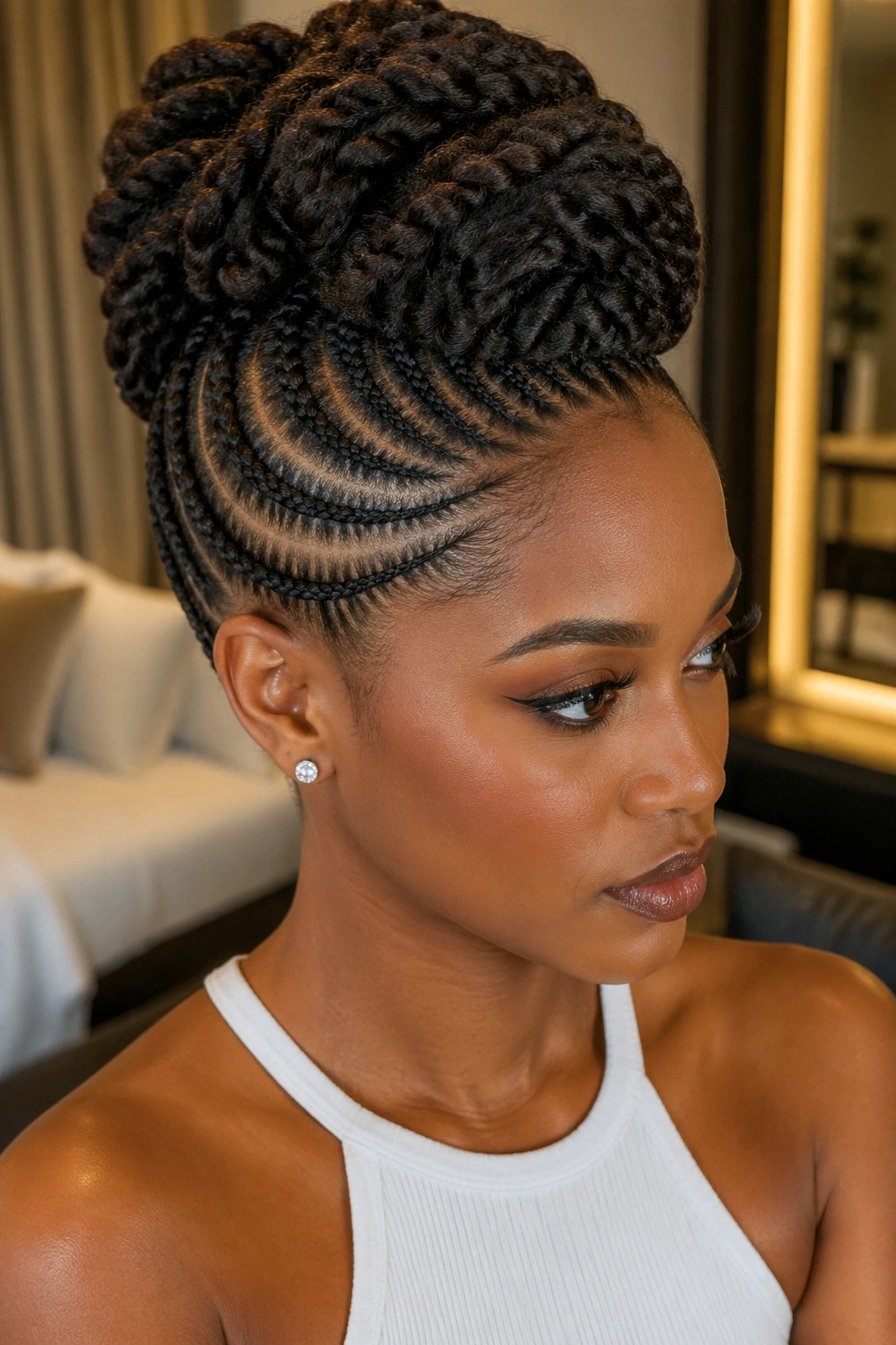 Three-quarter portrait of a person with cornrow halo and twist pompadour