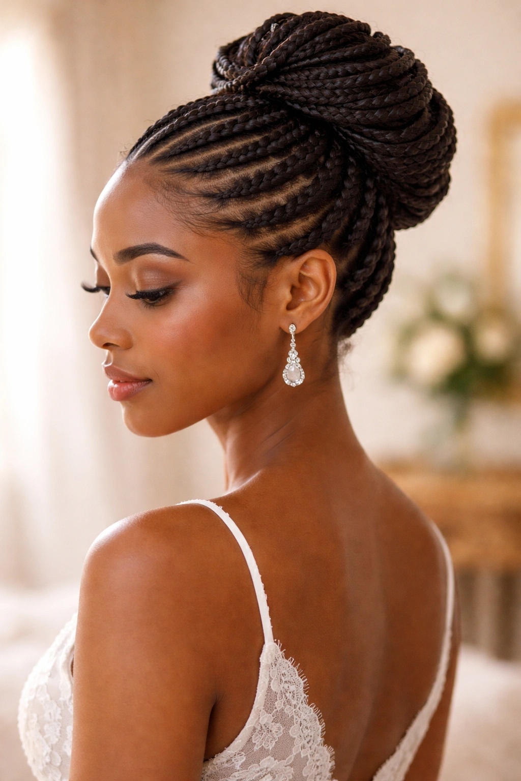 Real person with cornrow halo and pinned updo, bridal-ready styling