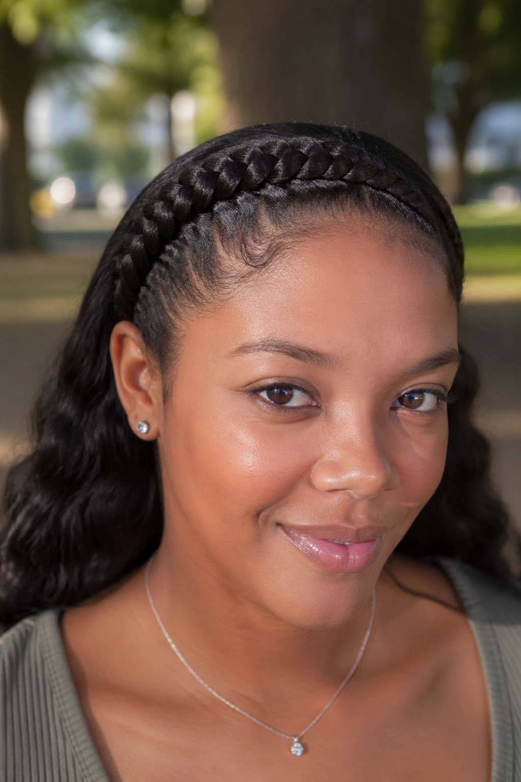 Close-up of a real woman with a thick cornrow headband across the crown