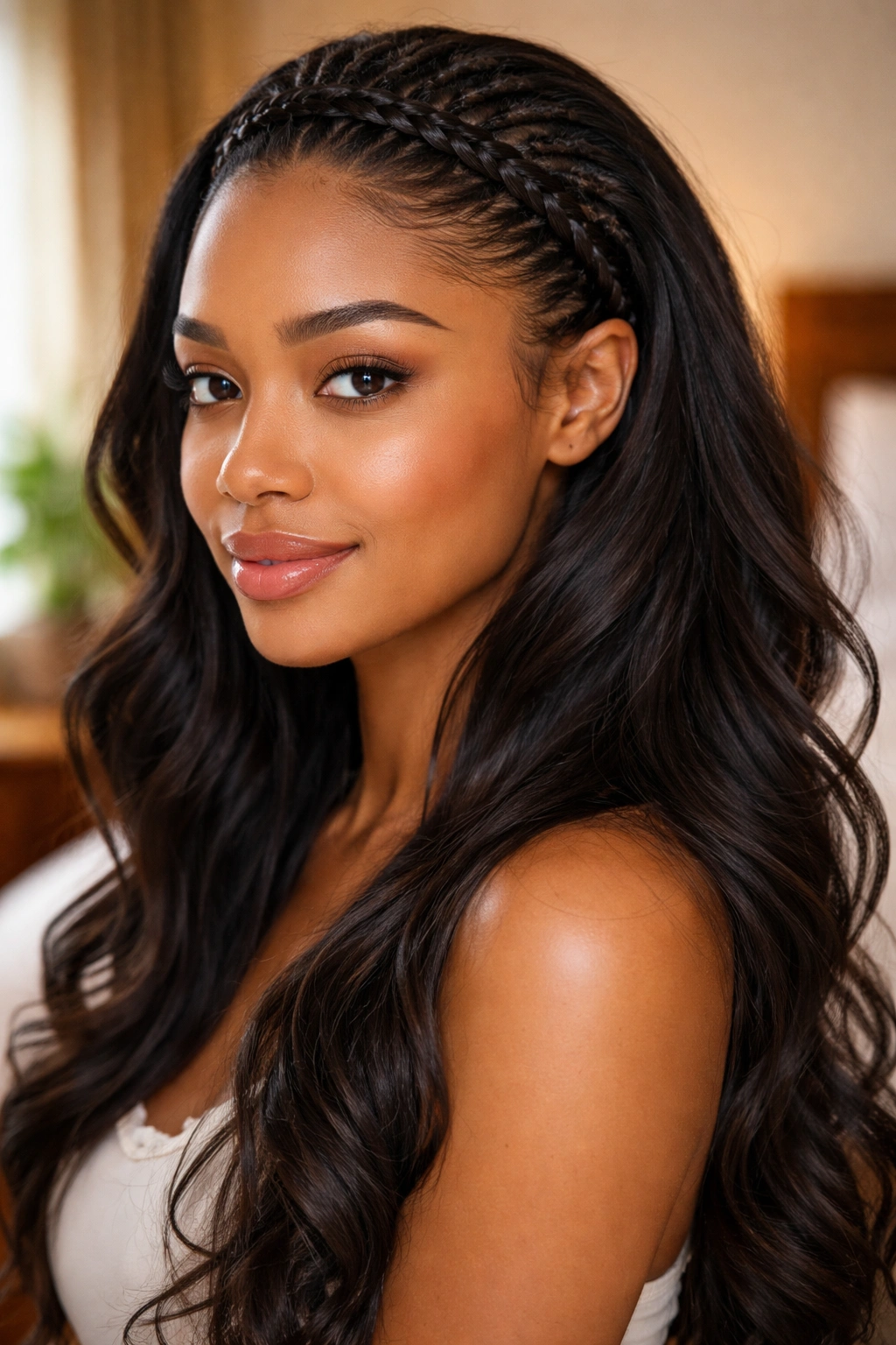 Close-up of a real woman with a thick cornrow headband and loose hair flowing behind