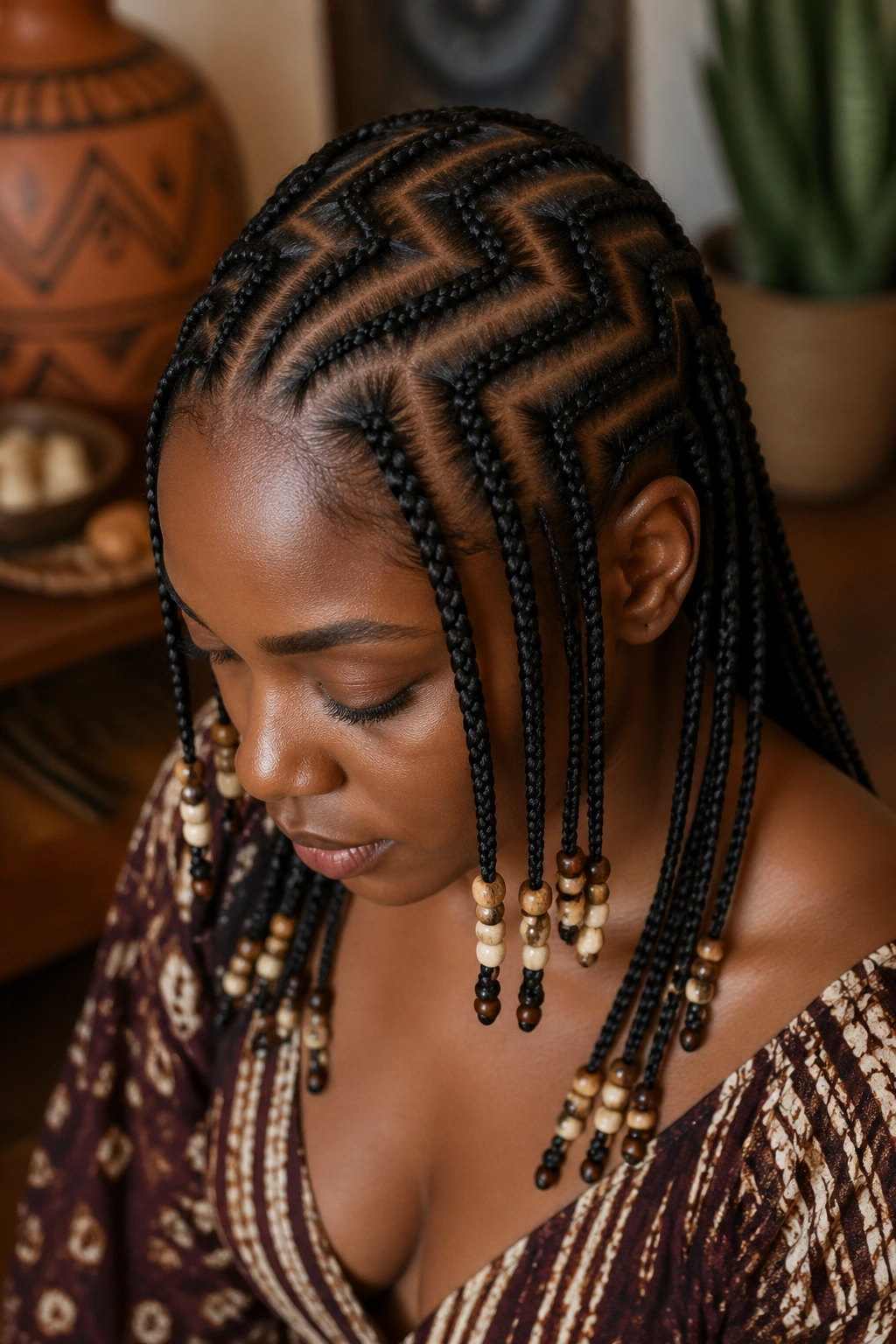 Portrait of a real person with historical-inspired zigzag cornrows and beads