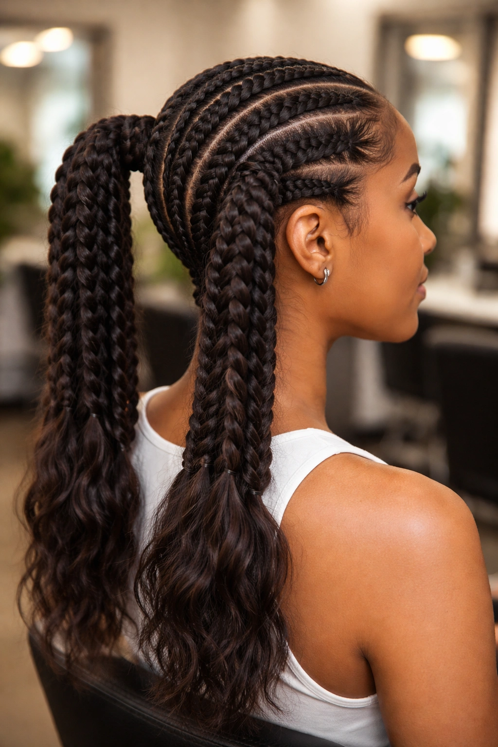 Real person showing transition from cornrow to two pigtails in close-up