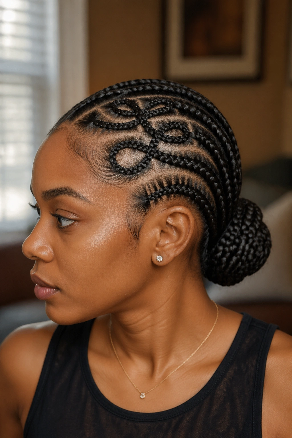 Close-up of a real woman with looped cornrows forming curved loops across the scalp and a low bun at the nape