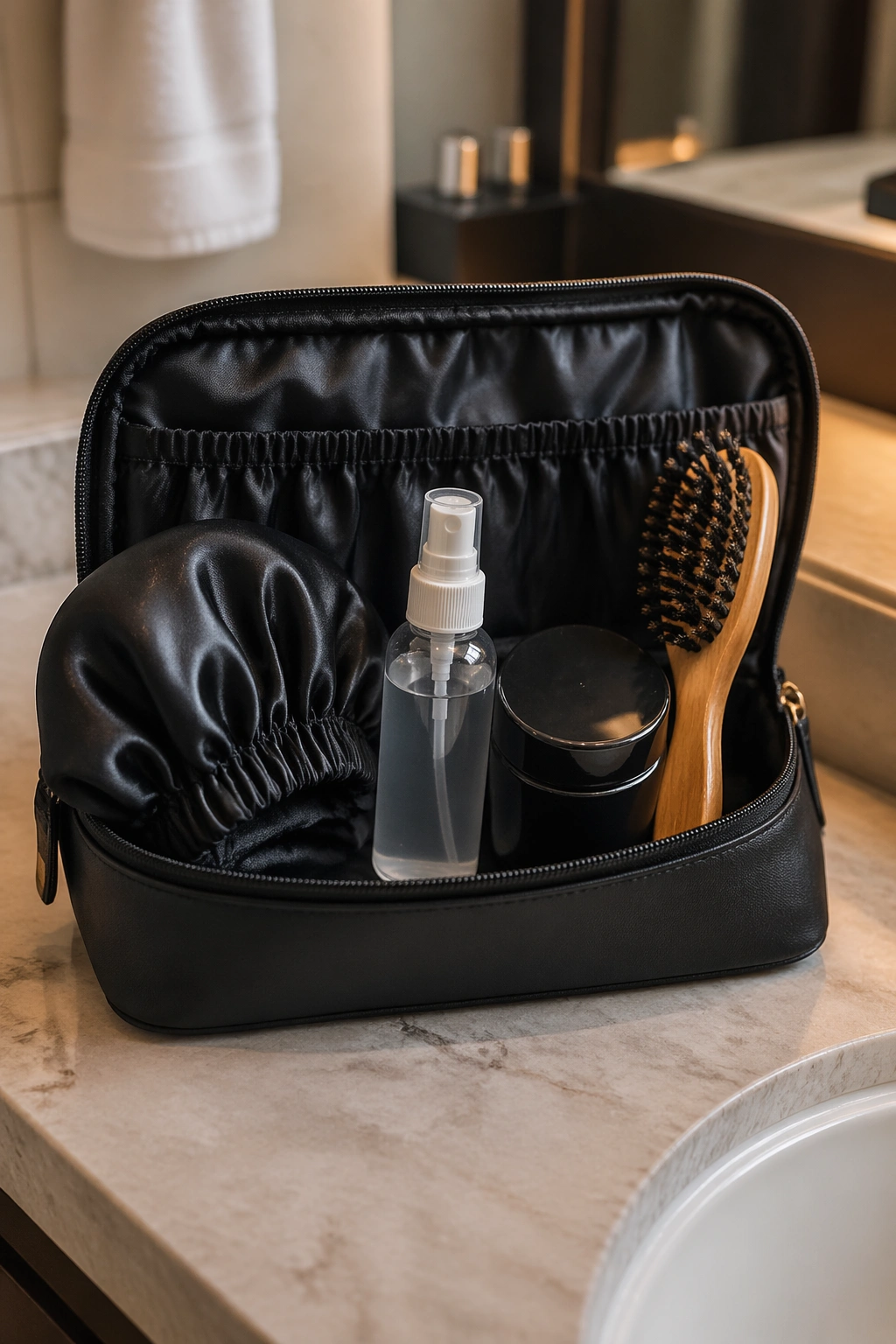 Close-up of cornrow maintenance kit with satin bonnet, spray bottle, gel, and brush on hotel counter