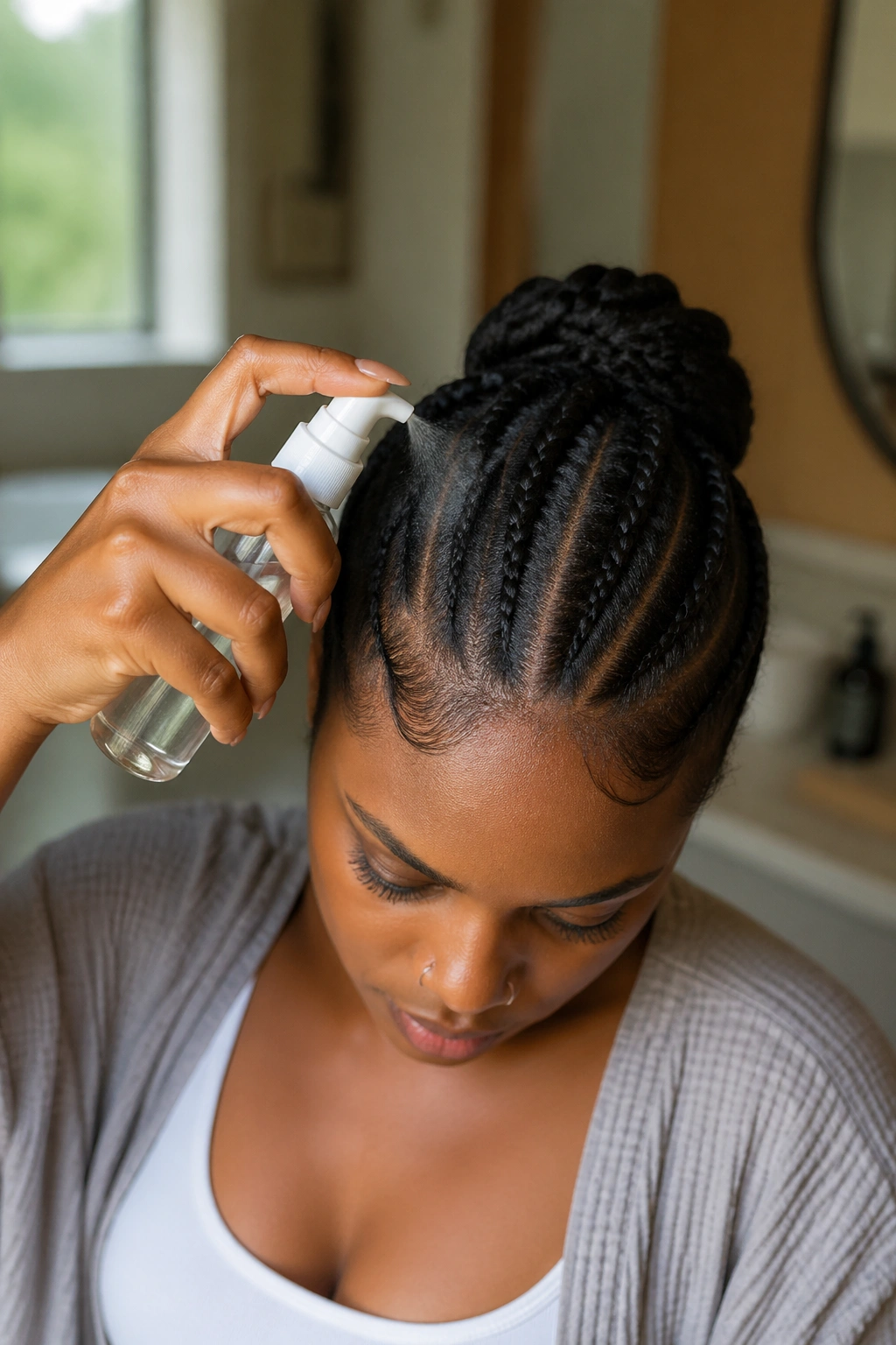 Close-up of a real person misting their cornrowed scalp to refresh the look
