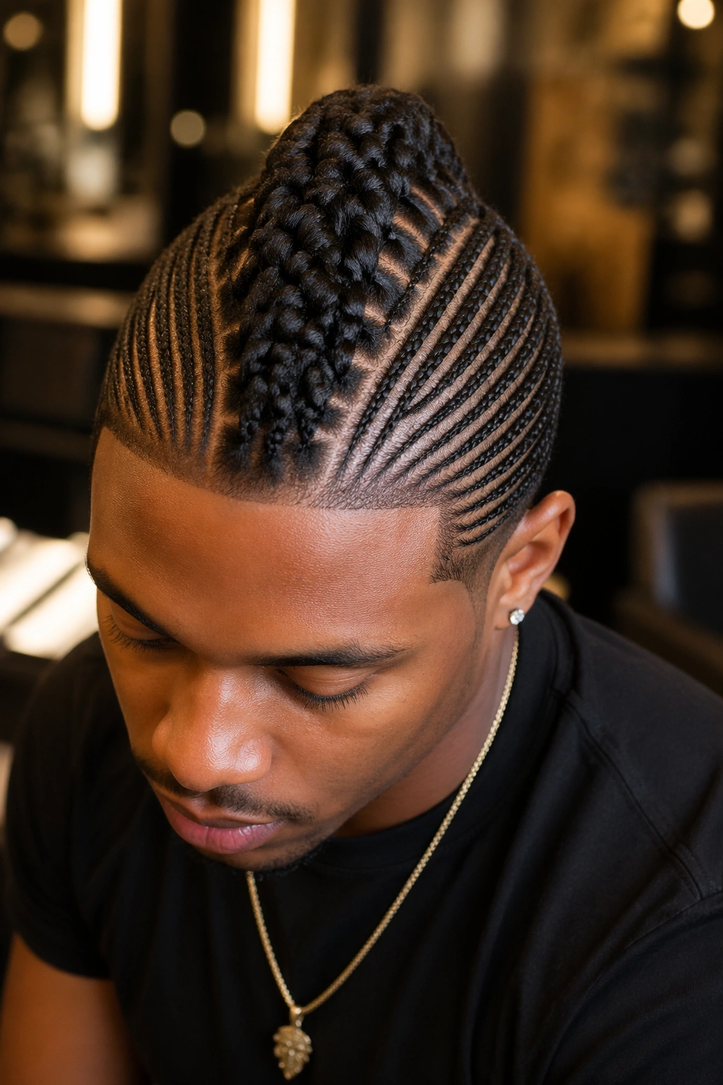 Portrait of real person with a center mohawk formed by cornrows and side panels