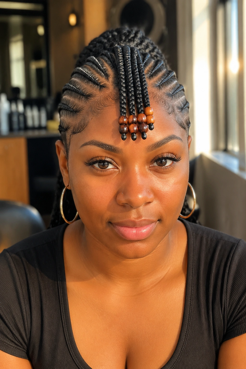 Real woman with cornrow mohawk and beaded center braids in a softly lit salon