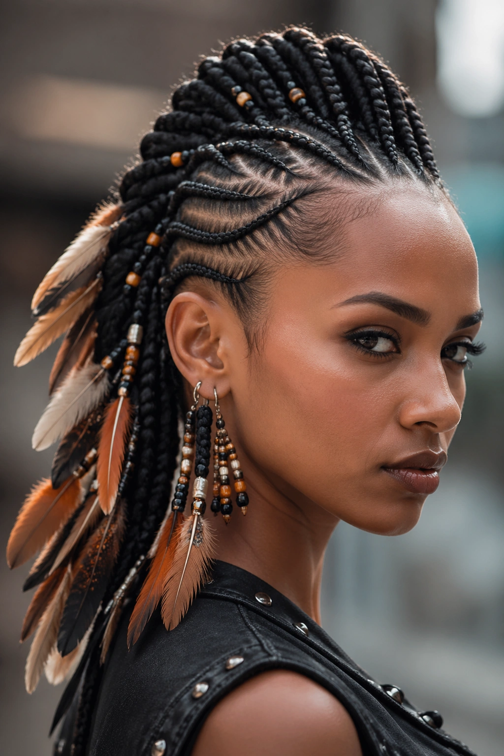 Cornrow mohawk with feathers and beads on a real person