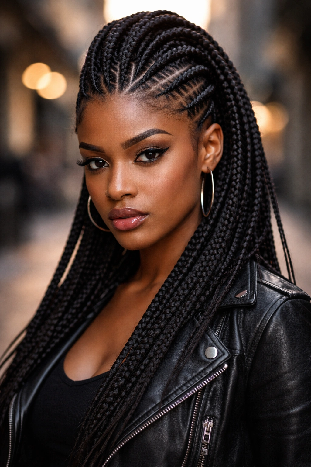 Close-up of real woman with cornrow mohawk and braided sides
