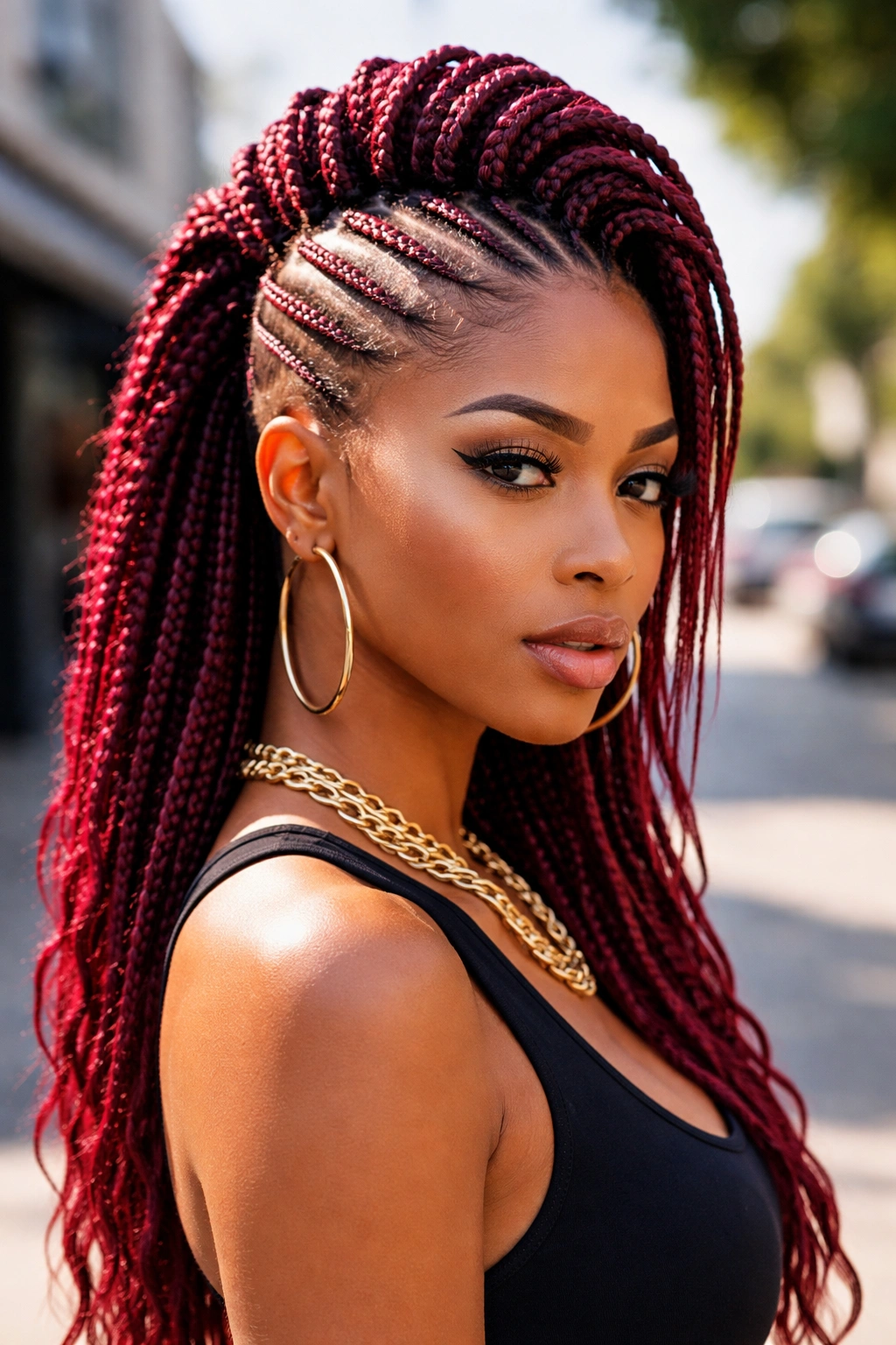 Real person with cherry cornrow Mohawk in urban daylight