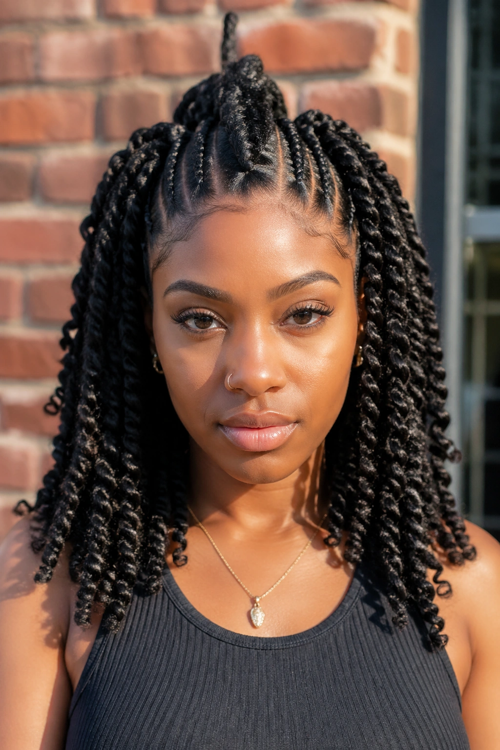 Front portrait of a person with a cornrow Mohawk and crochet twists
