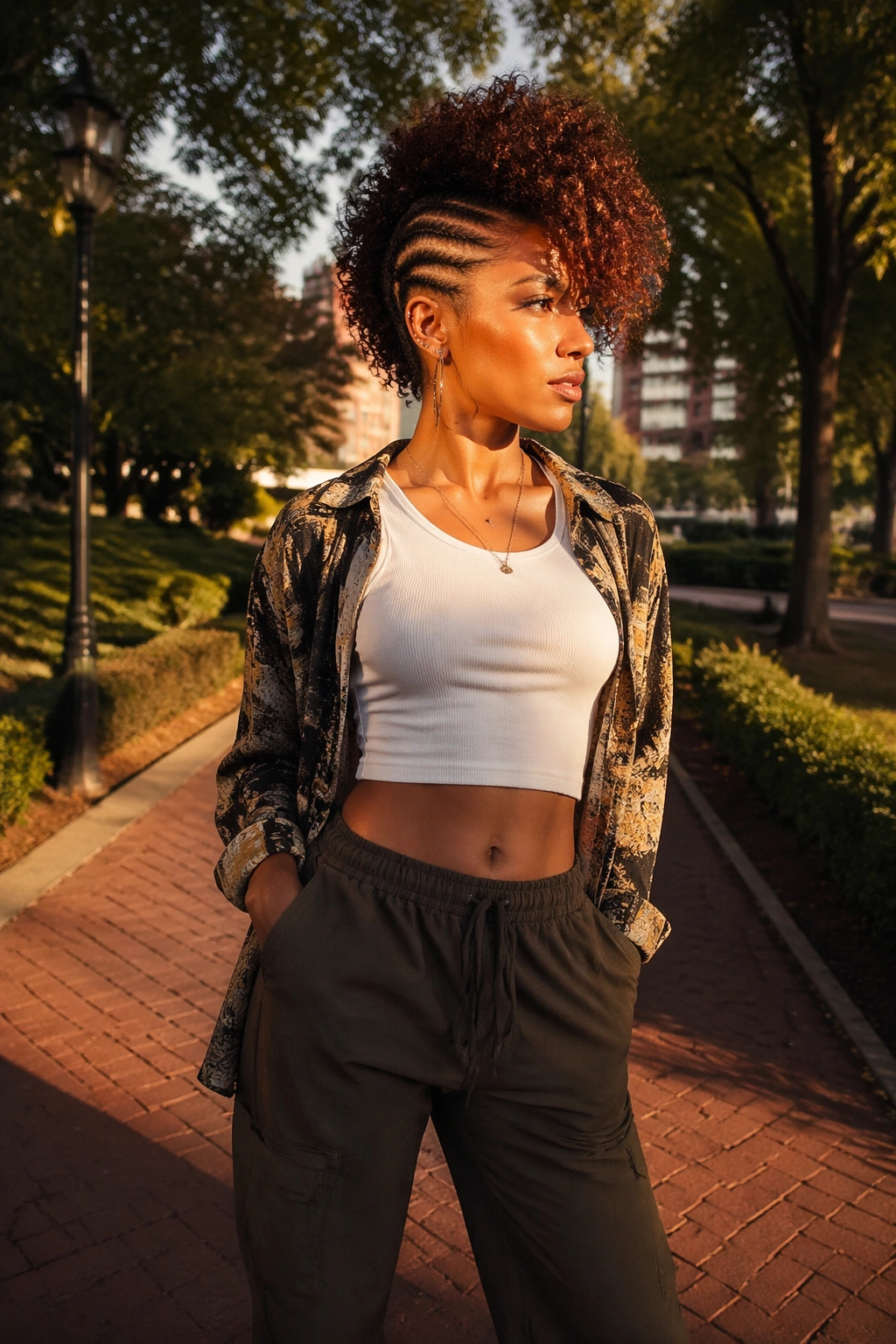 Cornrow Mohawk with curly top in park