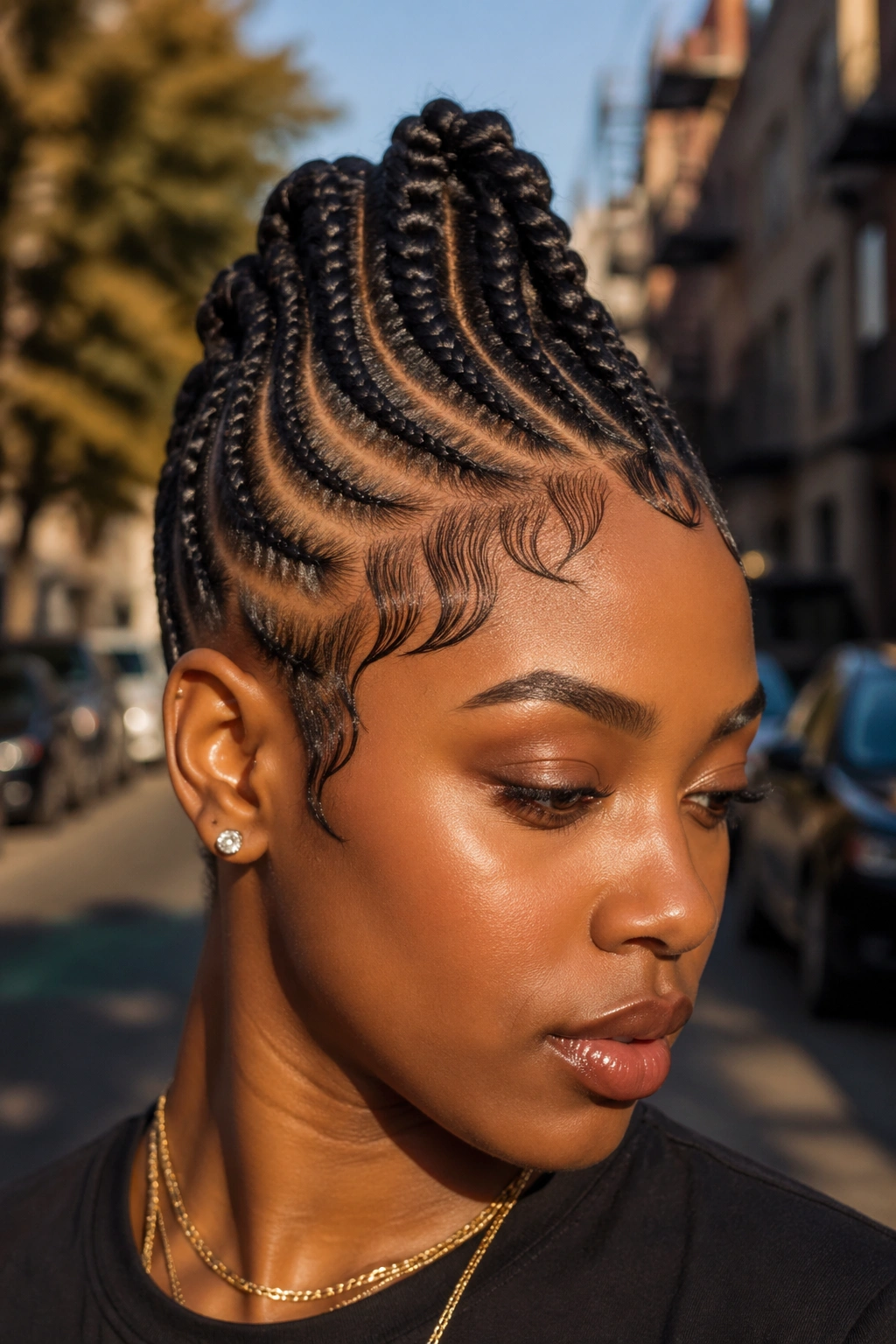 Close-up of a real Black woman with a cornrow mohawk and edge designs along the hairline.