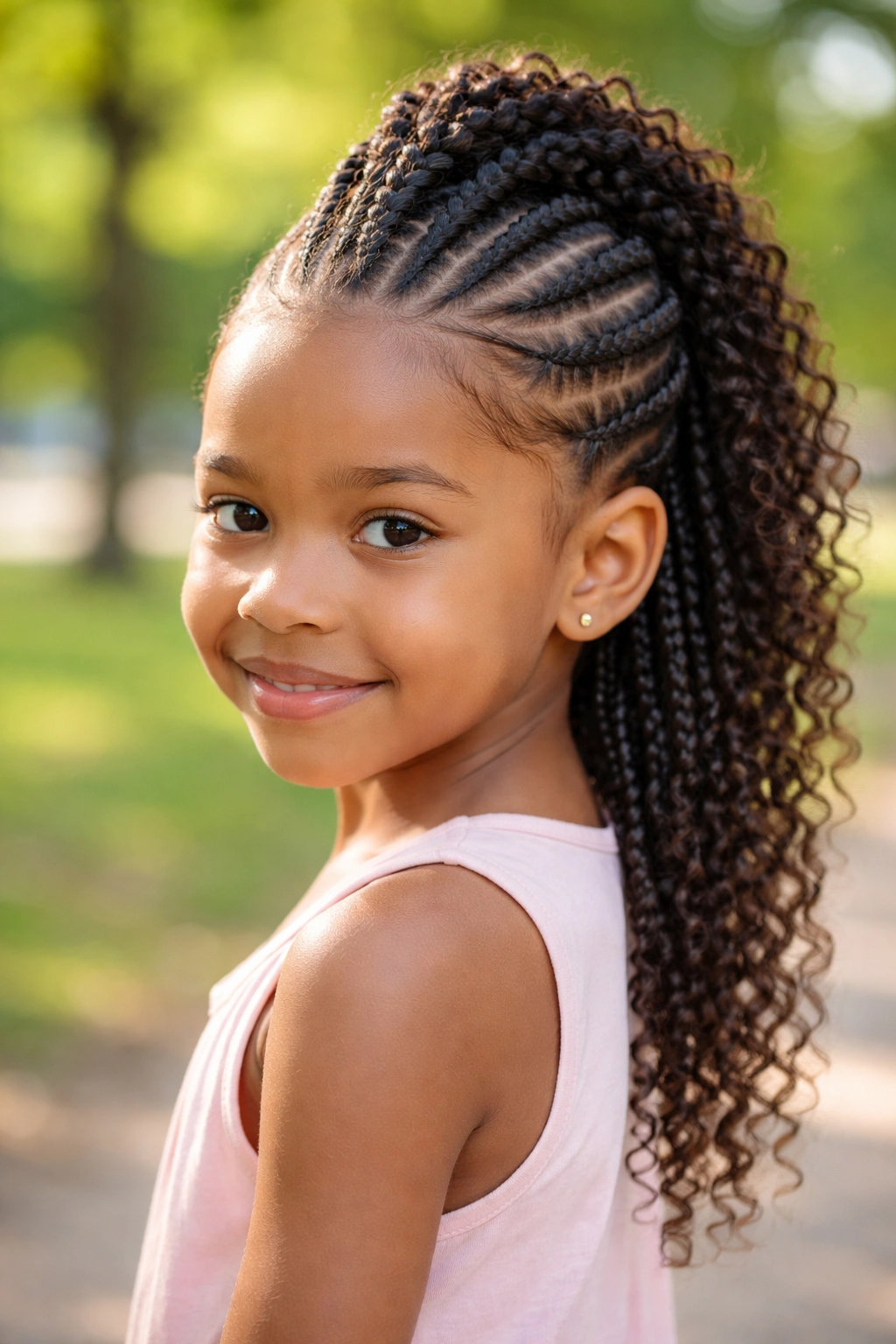 Front portrait of a child with a cornrow mohawk center strip and flat braids on the sides